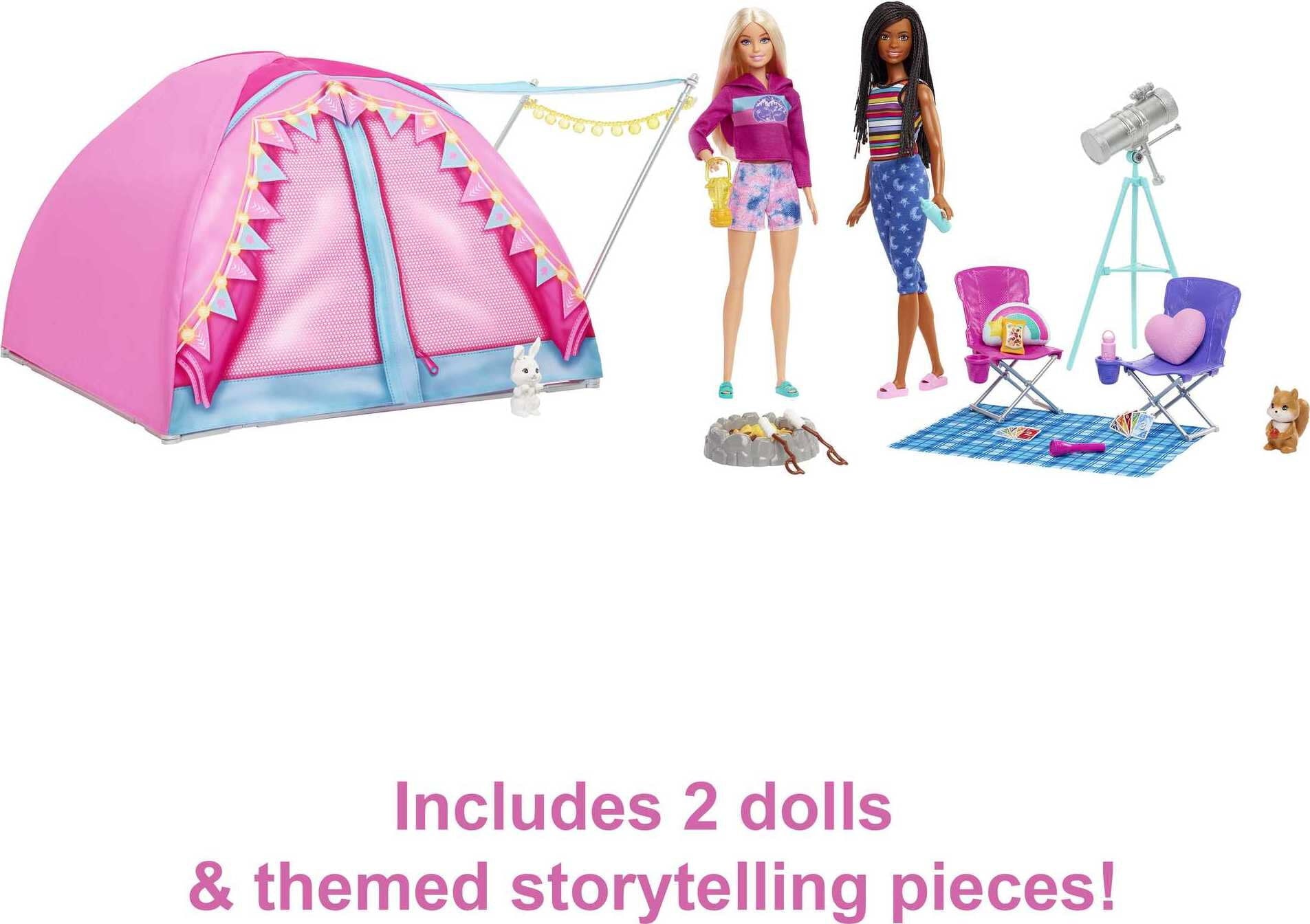 Barbie It Takes Two Let's Go Camping Tent Playset with Brooklyn & Malibu Dolls & 20 Accessories