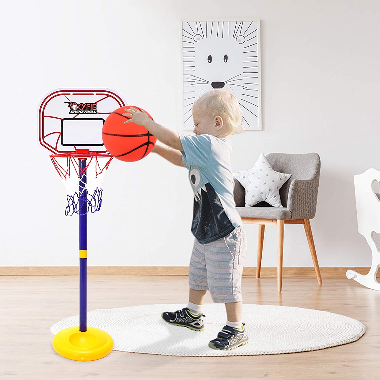 Cyfie Kids Basketball Hoop for Toddles Adjustable Height 2.26ft - 3.48ft Portable Basketball Stand for Children Indoor Outdoor Backyard， Best Birthday Gift for Little Boys Girls
