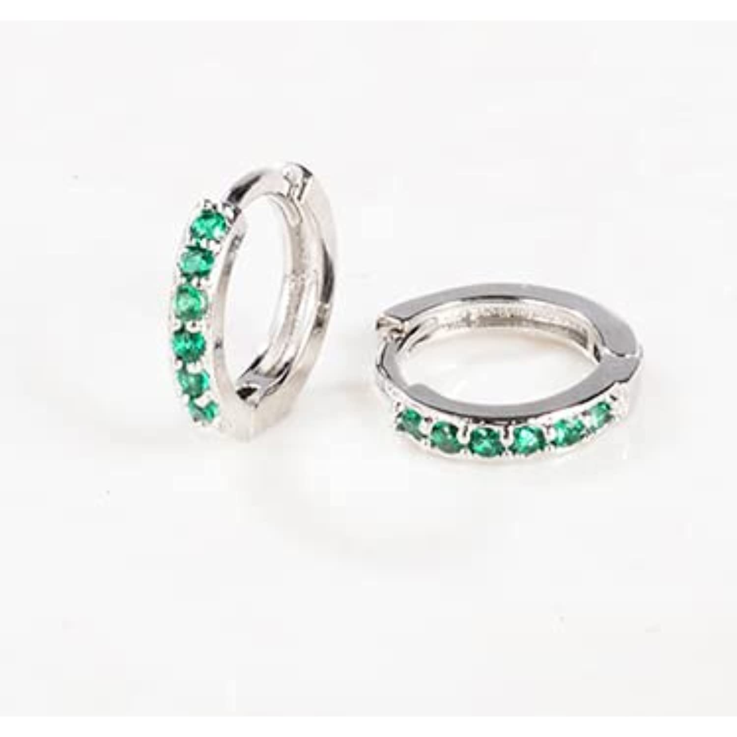 Green CZ Huggie Hoop Earrings， Second Hole Hoops， Cartilage Hoops， Small Helix Hoop， Conch Hoops， Tragus Hoop (Silver Green)