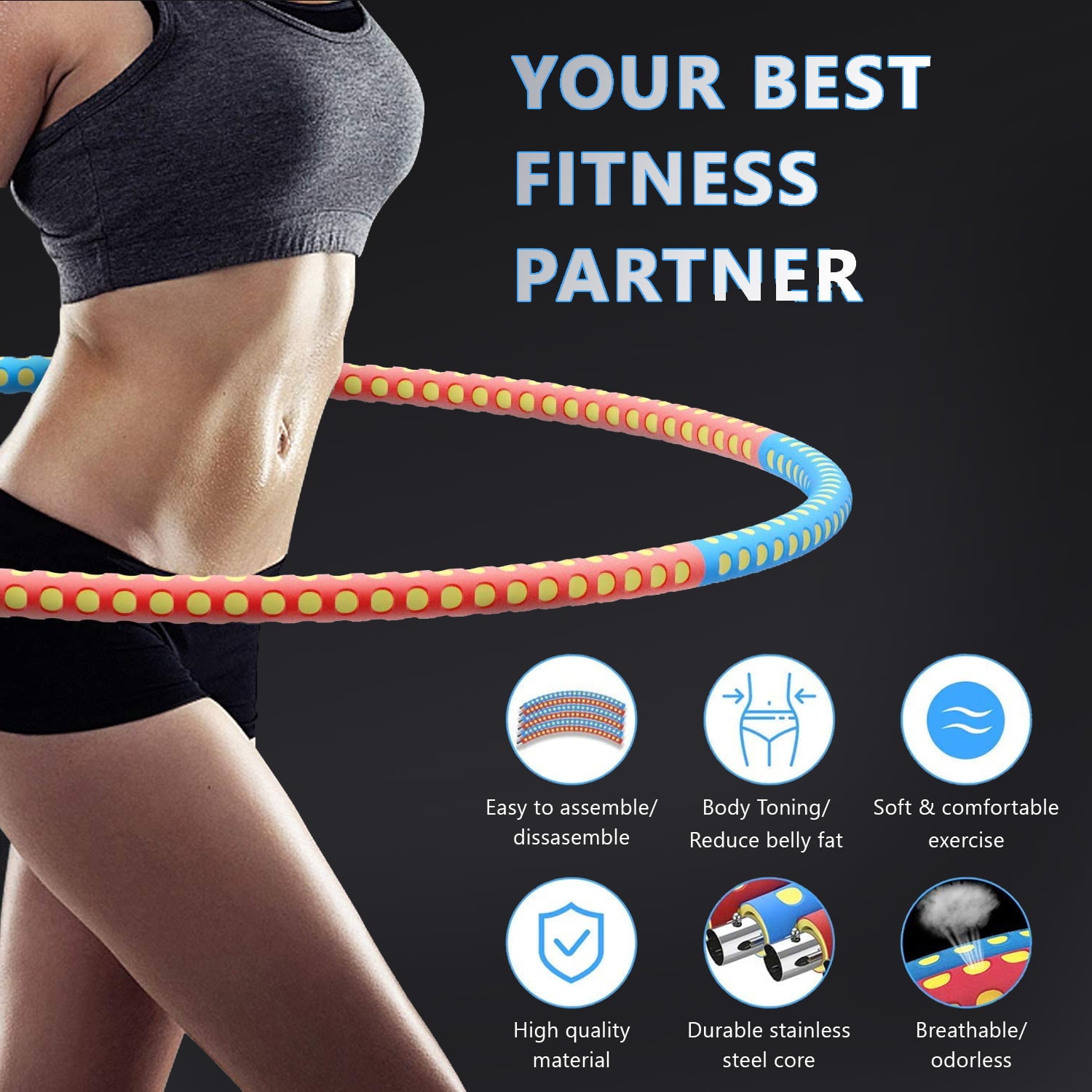 Fitness Hula Hoop with Jump Rope Exercise Detachable Hoop Removable Six-Section