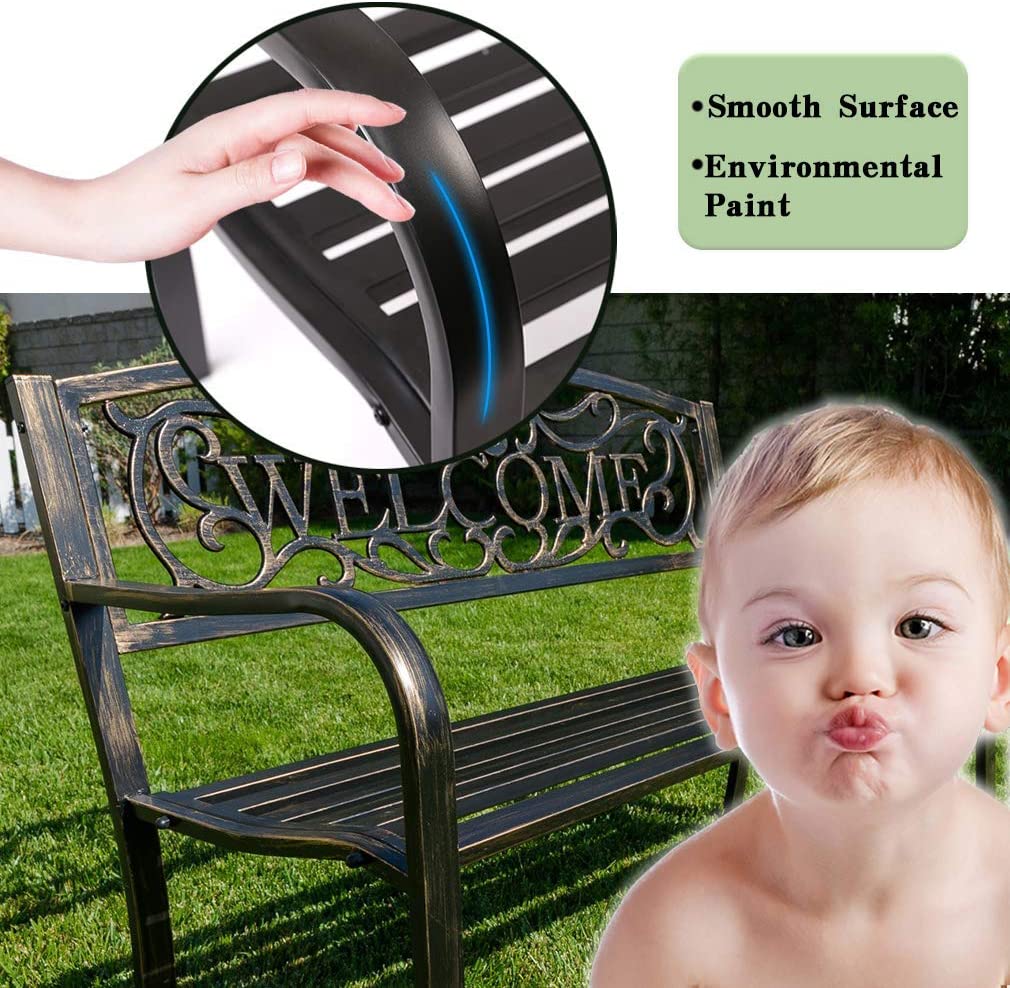 50" Metal Patio Garden Bench, Steel Frame Porch Chair with Armrests Outdoor Bench Park Yard Outdoor Furniture for Patio