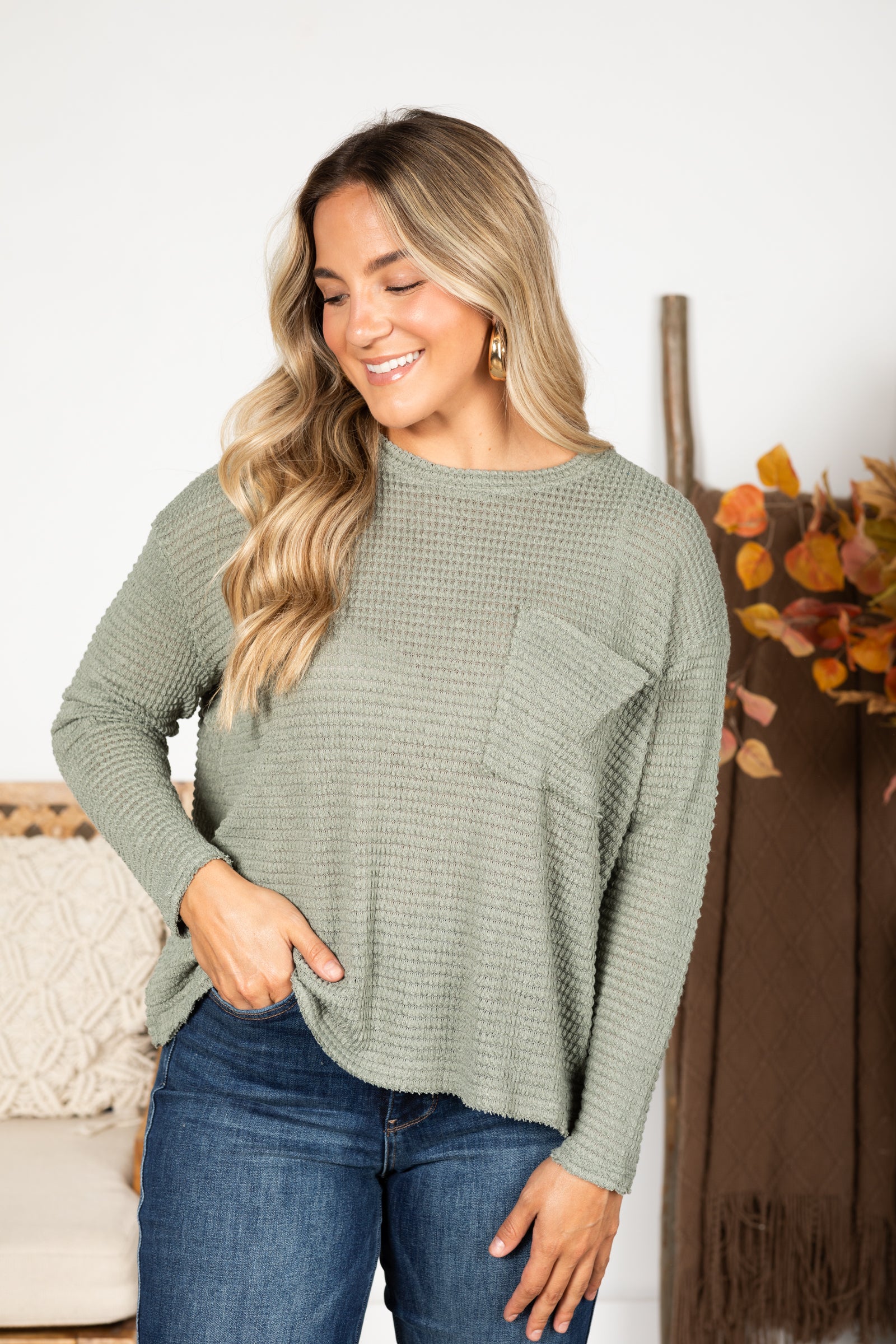 Waffle Knit Sweater With Pocket