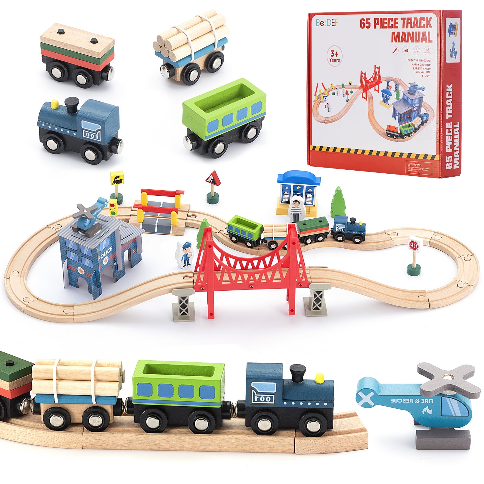 Wooden Train Set 65PCS， BetDEF Toy Train Sets with All-Wood Double Sided Train Tracks for Boys and Girls Fits Thomas， Brio， Melissa and Doug...(65PC)