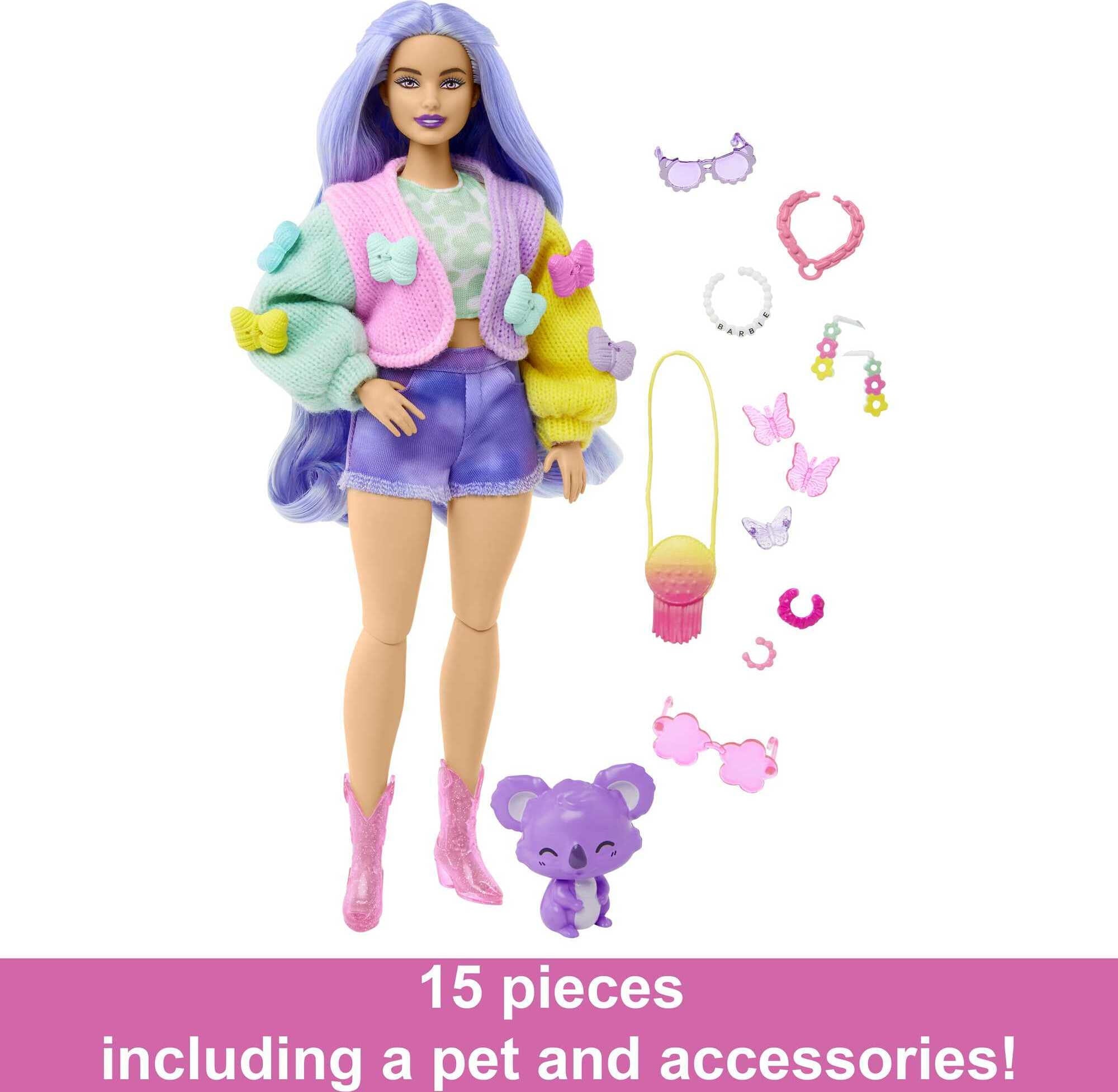 Barbie Extra Fashion Doll with Wavy Lavender Hair, Colorful Butterfly Sweater, Accessories & Pet