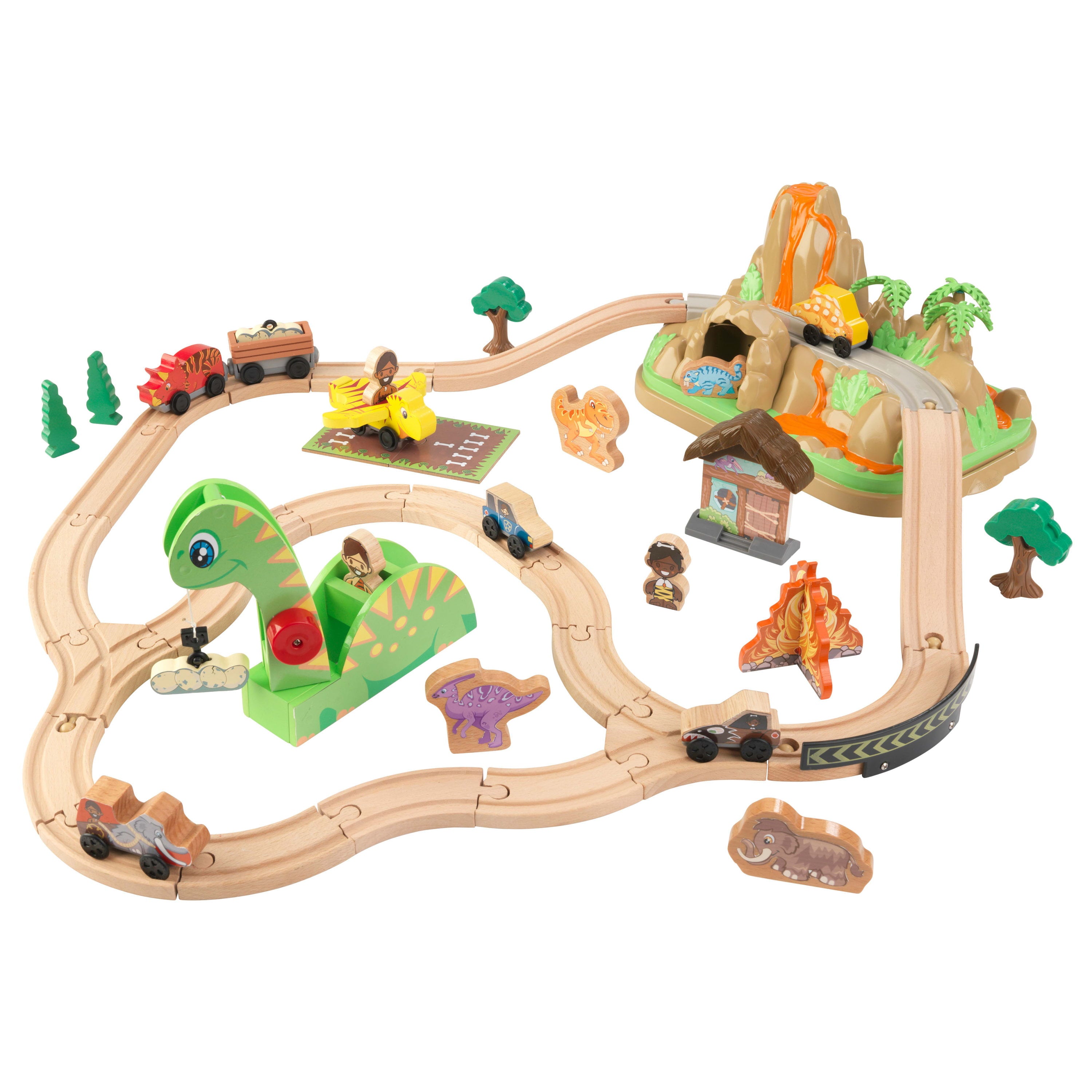 KidKraft Dinosaur Bucket Top Portable Wooden Train Set with 56 Pieces and 9 Feet of Track