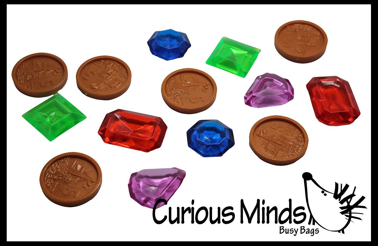 Sand Sifter with Large Gem and Coin Treasure Hunt Sand Toy - Dig sift and find buried coins jewels and gems