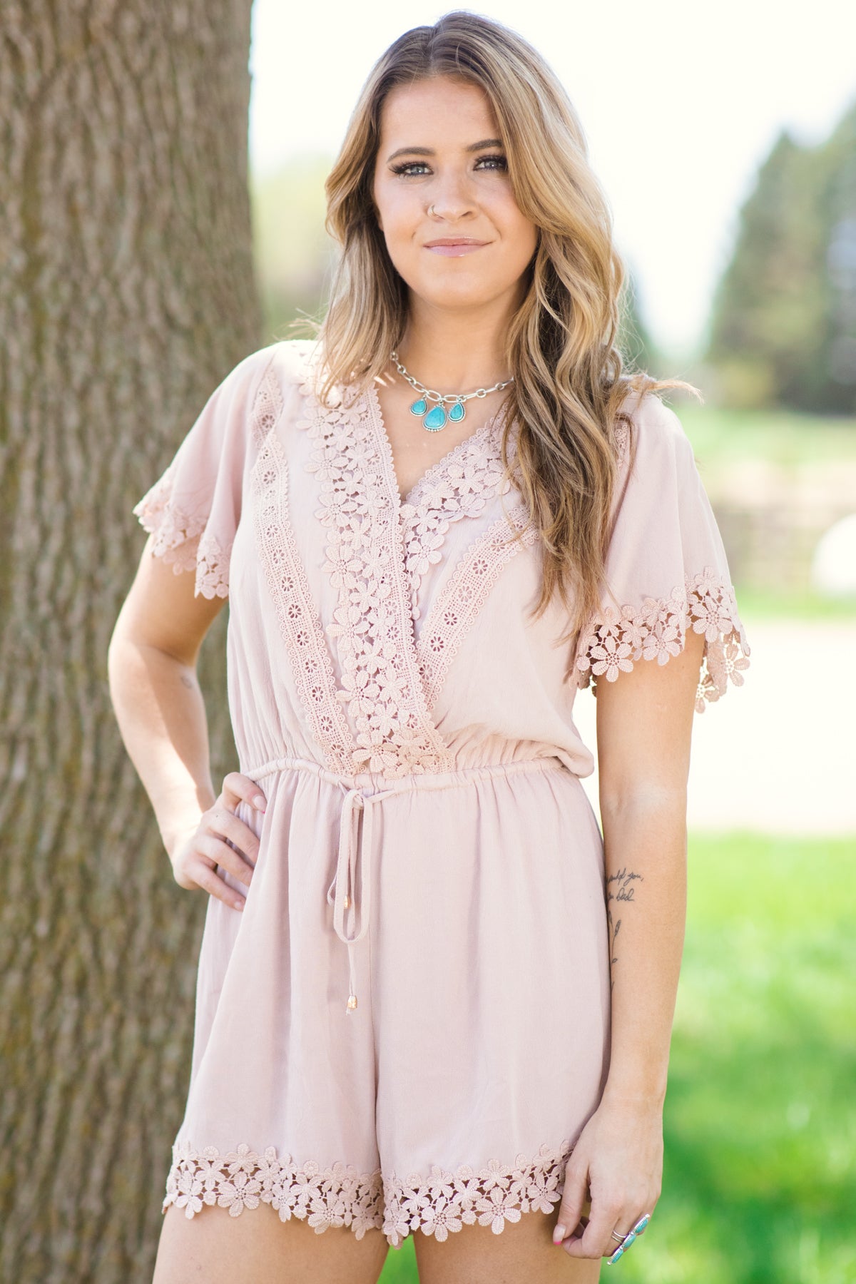 Tan Crochet Trim Short Sleeve Romper