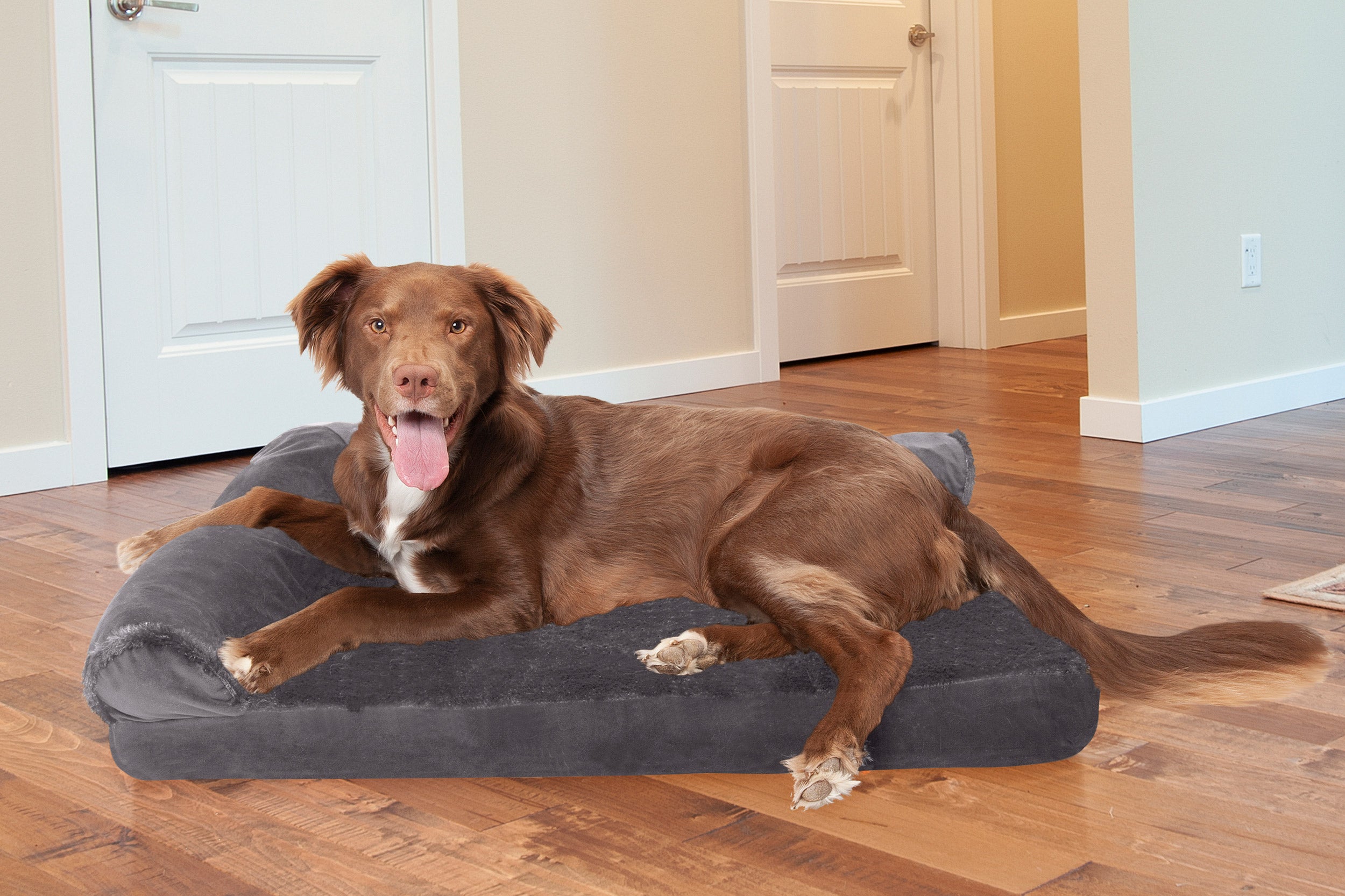 FurHaven | Deluxe Cooling Gel Plush and Velvet L-Chaise Lounge Pet Bed for Dogs and Cats， Platinum Gray， Large