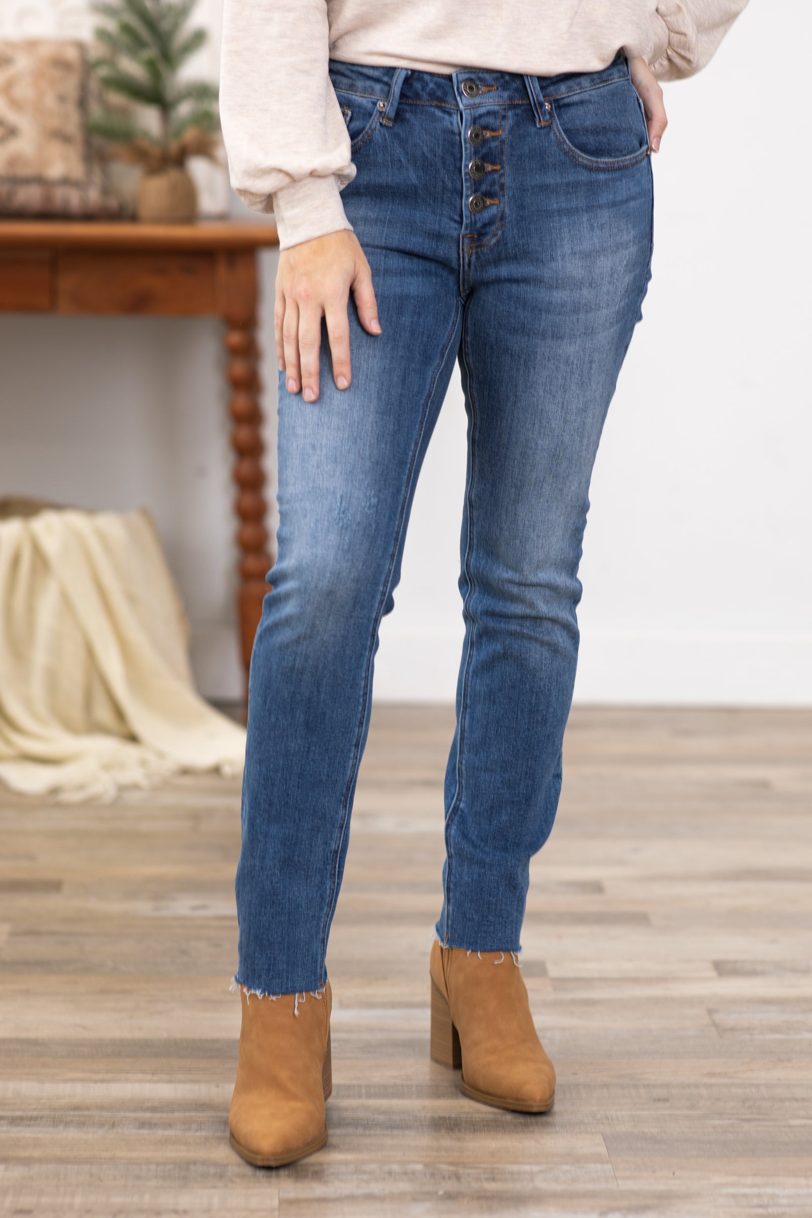 Risen Raw Hem Button Fly Jeans