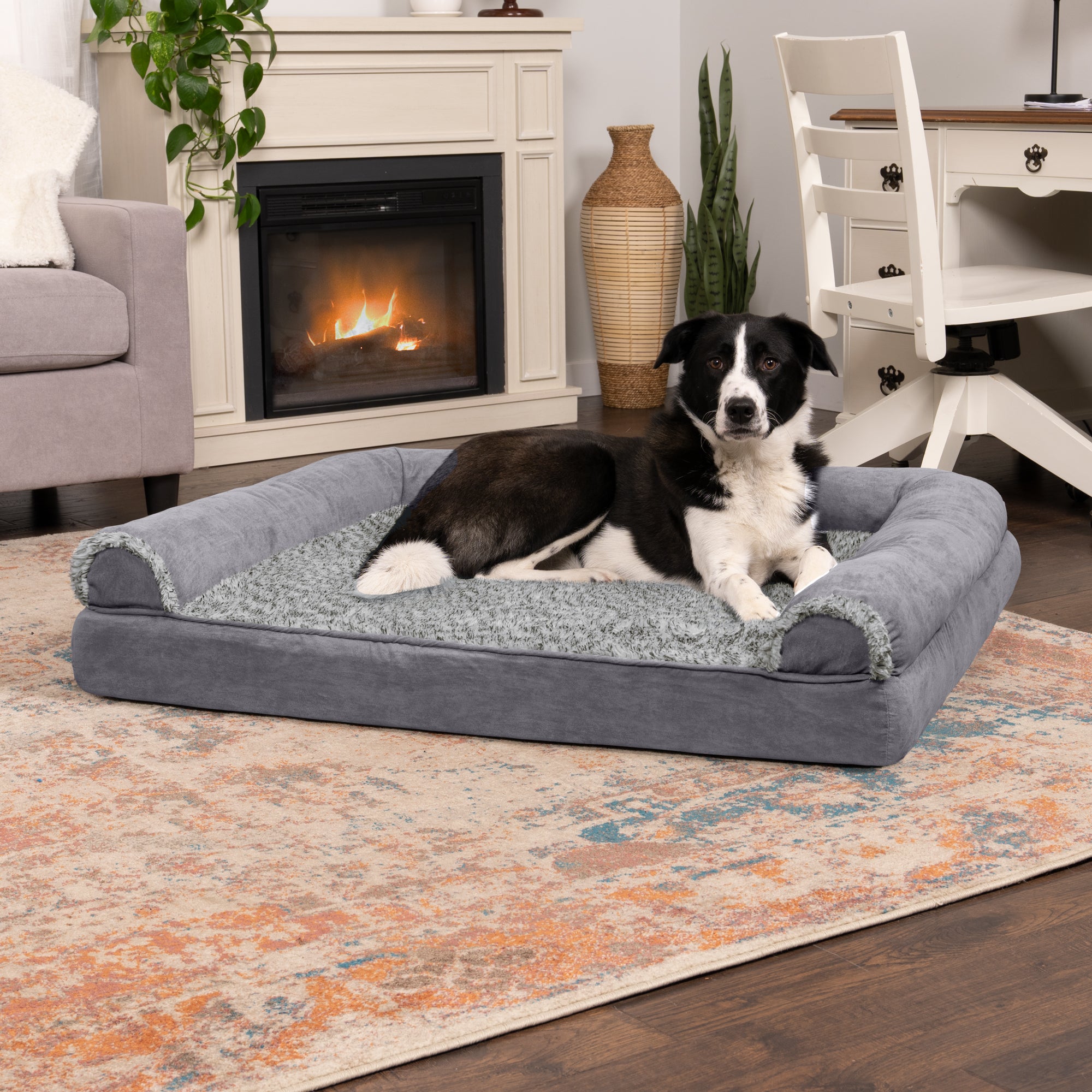 FurHaven Pet Products | Full Support Orthopedic Two-Tone Faux Fur and Suede Sofa Pet Bed for Dogs and Cats - Stone Gray， Jumbo