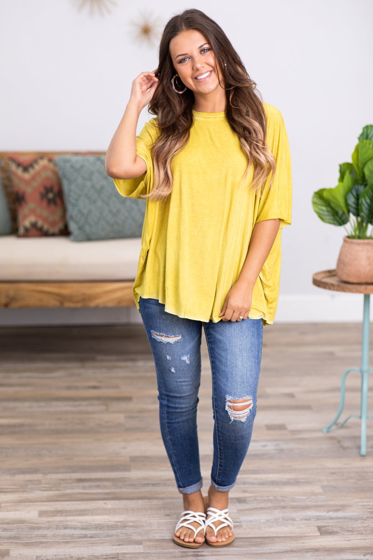 Light Olive Washed Dolman Sleeve Top