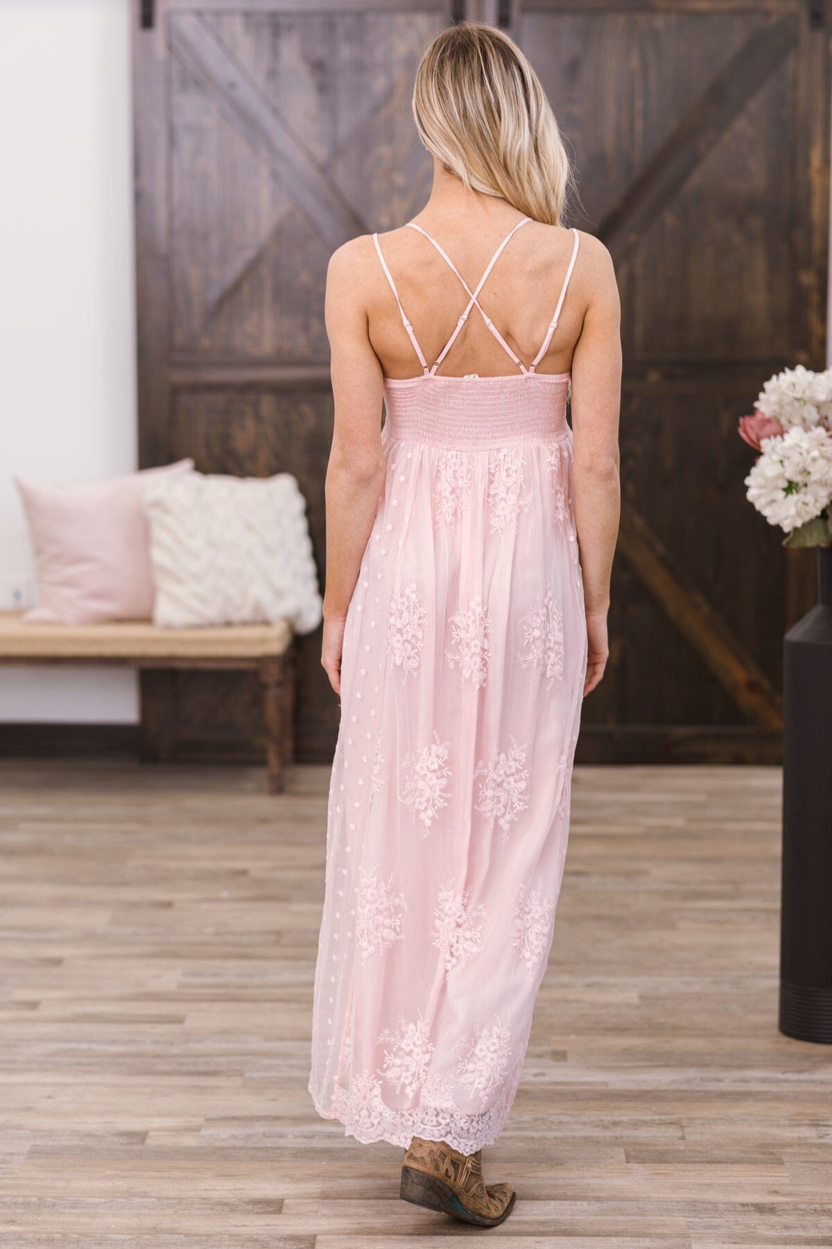Dusty Rose Crochet Lace Bodice Maxi Dress