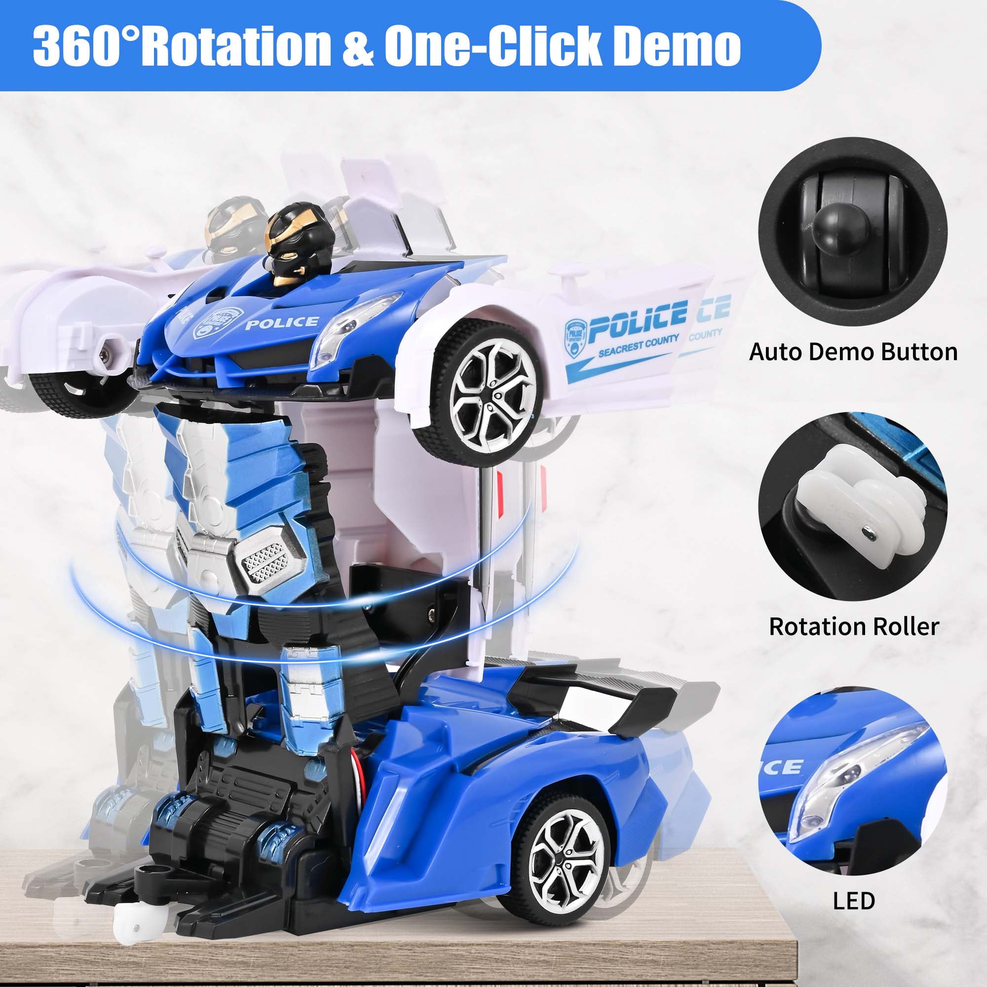 Transform RC Car Robot， Remote Control Car Independent 2.4G Robot Deformation Car Toy with One Button Transformation and 360 Speed Drifting 1:18 Scale