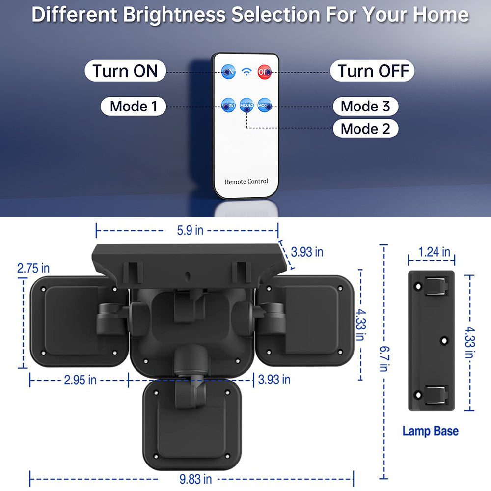 231LED Solar Lights Outdoor， 4 Heads Motion Sensor Security Lights with Wireless Remote Control， 3 Modes， IP65 Waterproof Solar Wall Lights LED Flood Lights for Door， Backyard， Garage， Deck