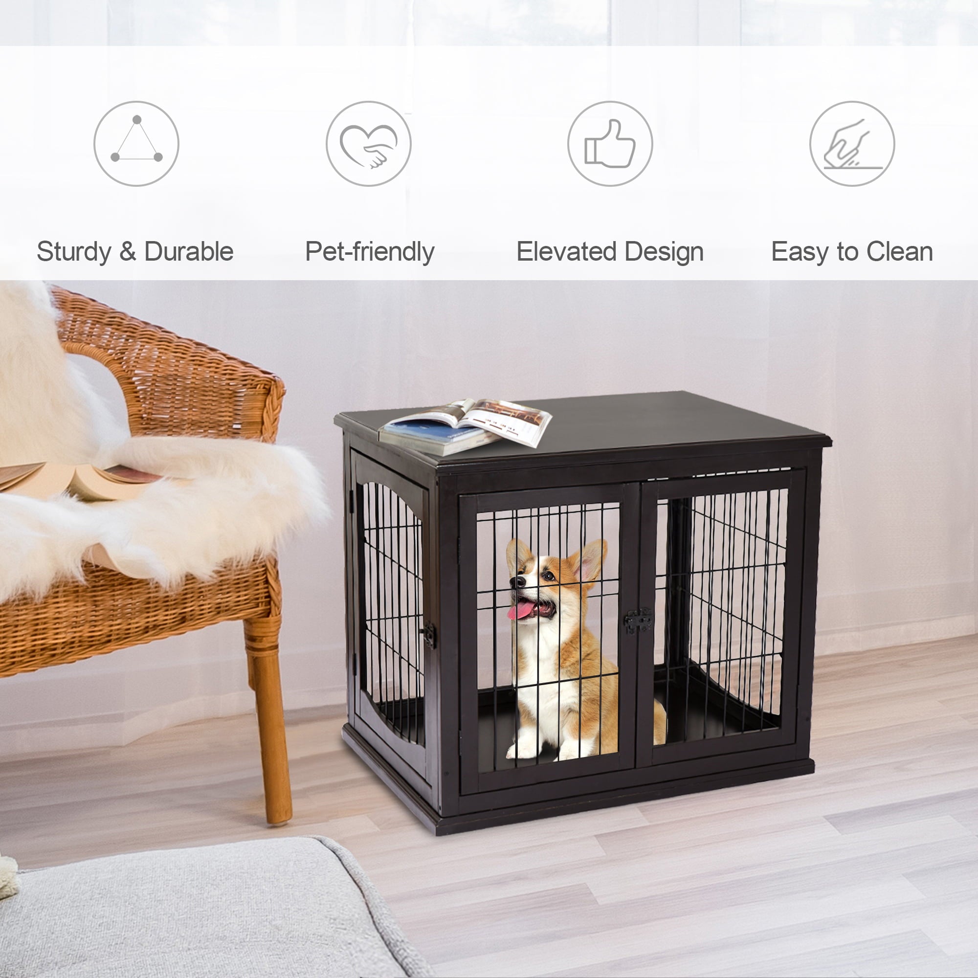 Pawhut Wooden Decorative Dog Cage Pet Crate Kennel with Double Door Entrance， Dark Brown， 26''