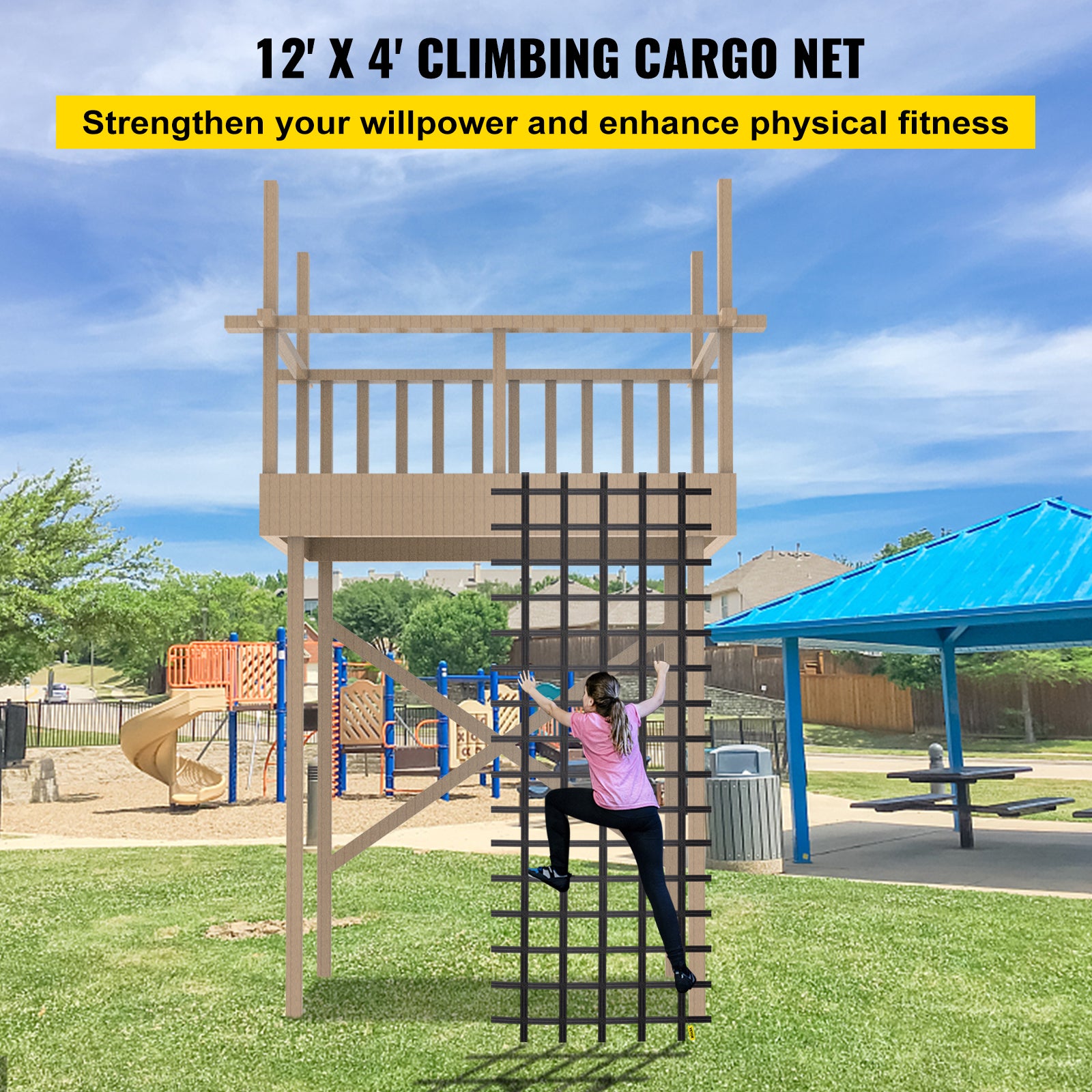 VEVOR Climbing Cargo Net， 12' x 4' Playground Climbing Net， Polyester Material， Rope Ladder， Swingset， Large Military Climbing Cargo Net for Kids and Adult， Indoor and Outdoor， Treehouse， Jungle Gyms