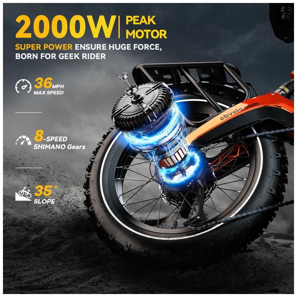 Bicicleta Elétrica Dobrável para Adultos 1000W de Pico - 2000W, 35 MPH, 100 Milhas, Bateria Removível de 48V 25Ah, Pneus Gordos de 20