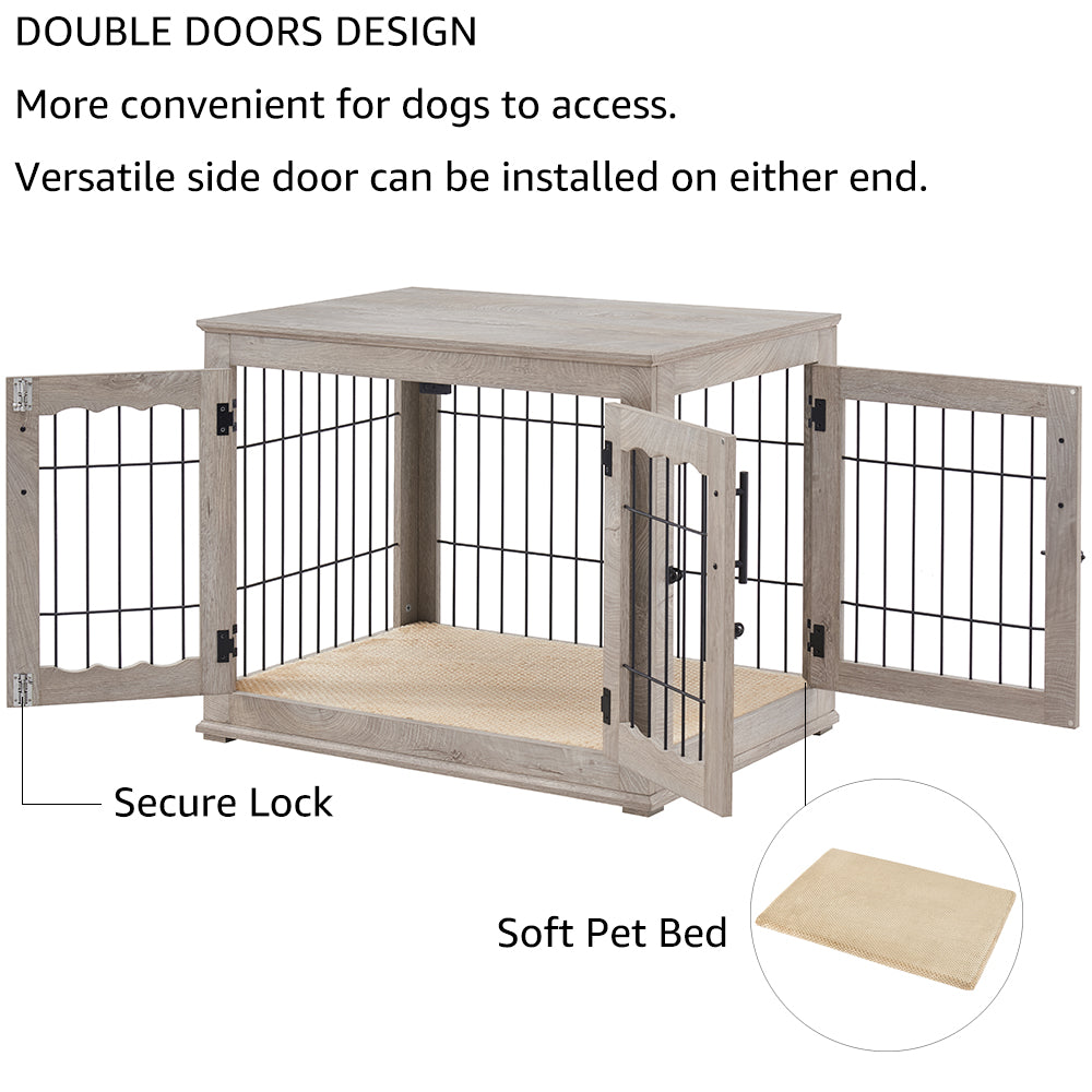Unipaws Pet Crate End Table， Double Doors Wooden Wire Dog Kennel with Pet Bed， Weathered Gray
