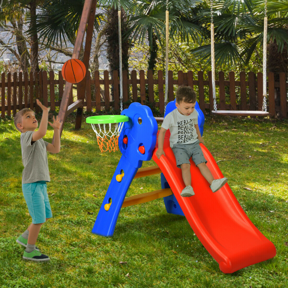 Gymax 2 Step Children Folding Slide w/ Basketball Hoop For Kids Indoor and Outdoor