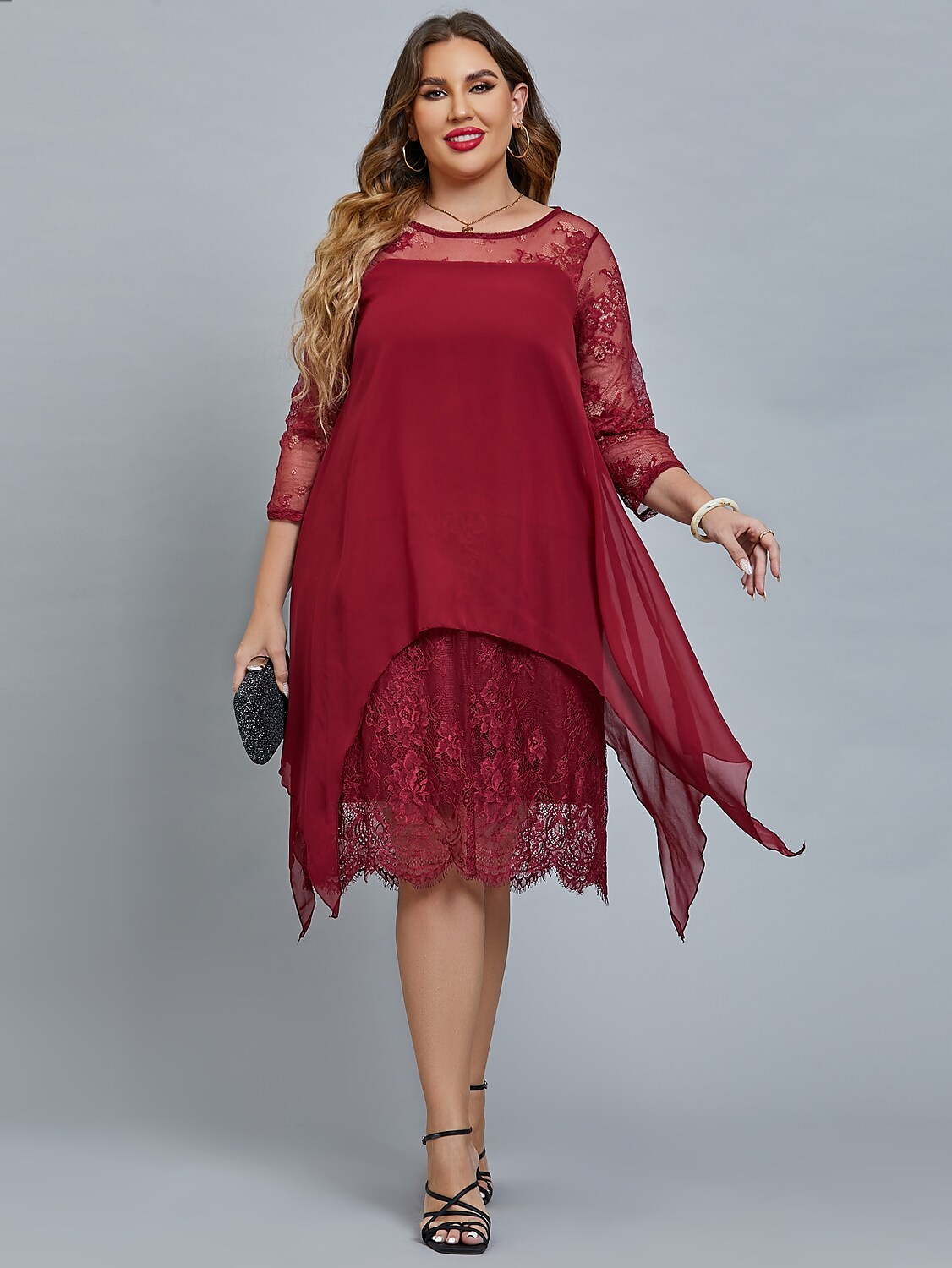 Women's Plus Size Curve Party Dress Floral Crew Neck Lace 3/4 Length Sleeve Winter Fall Elegant Prom Dress Midi Dress Party Cocktail Dress Dress / Lace Dress / Mesh