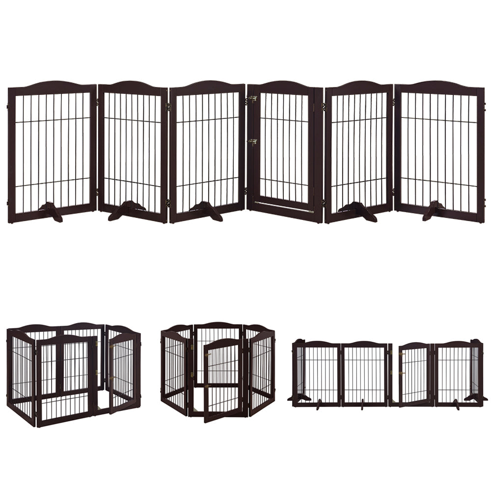 Unipaws Wide Pet Gate， Freestanding Pet Playpen， 6 Panels Dog Gate， Espresso