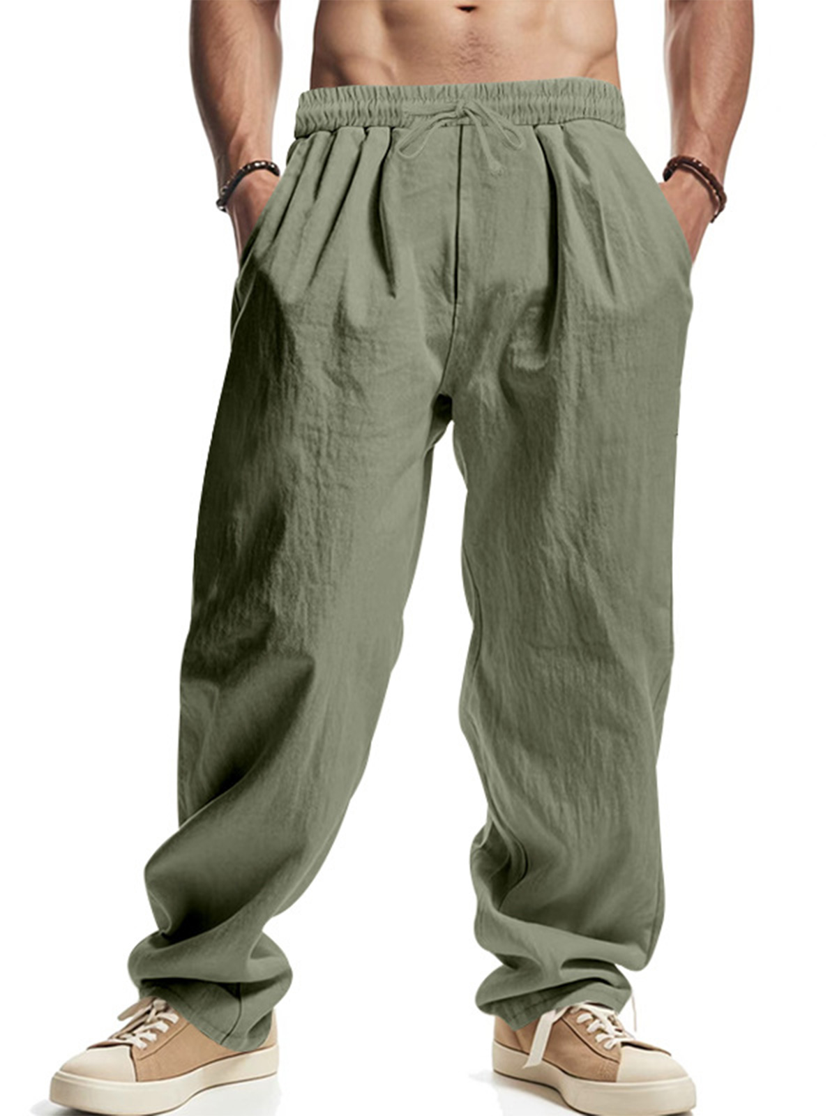 Men's Daily Casual Loose Linen Drawstring Solid Color Trousers