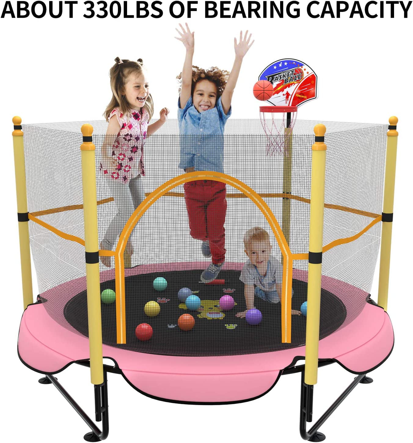 Reliancer 5FT Trampoline for Kids Toddler Indoor Trampoline with Safety Enclosure Net Mini Basketball Hoop Jumping Mat for Home Entertainment Equipment Outdoor Backyard Games