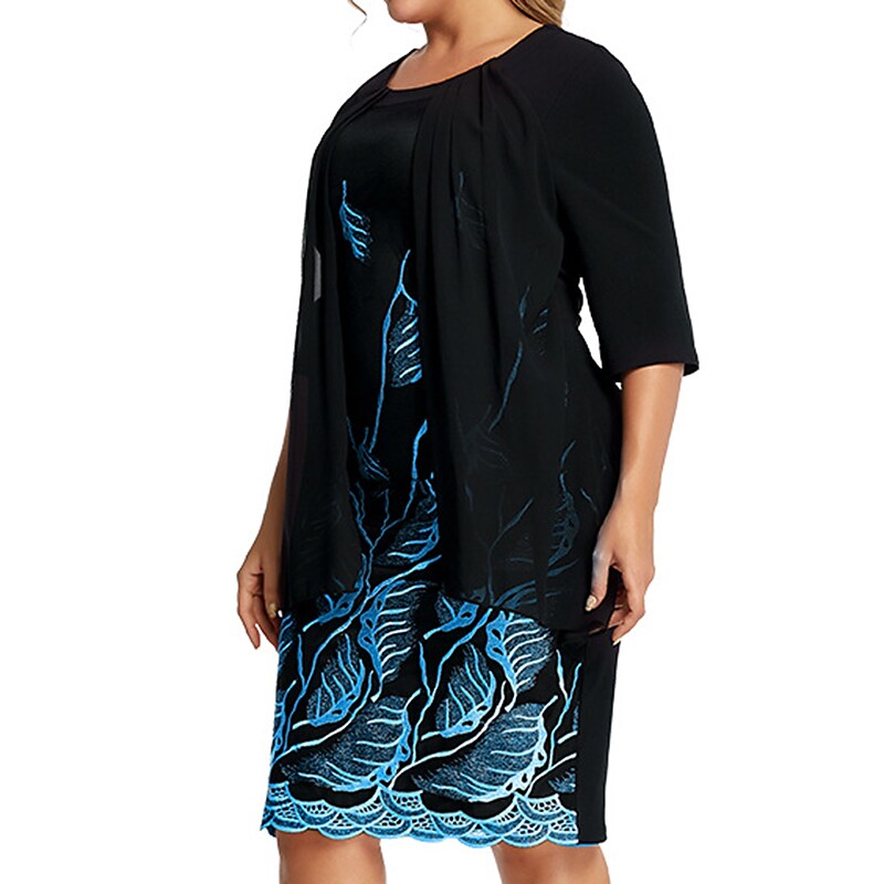 Women's Plus Size Fake Two-Piece Dress Crew Neck Half Sleeve Dress