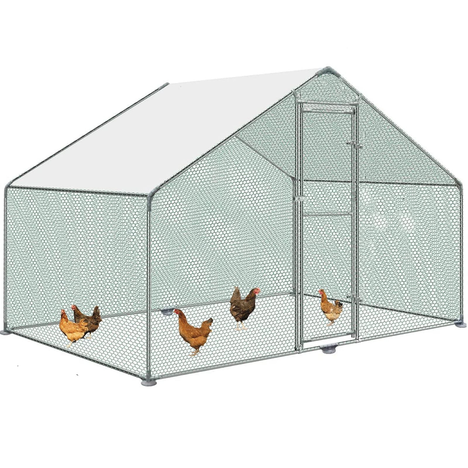 Ouyessir Outdoor Chicken Coop， Large Metal Walk-in Chicken Run Pen with Waterproof Cover Coat， Rabbit Habitat Flat Shaped Poultry Cage for Backyard Farm Use (6.6’L x 10’W x 6.2’H)
