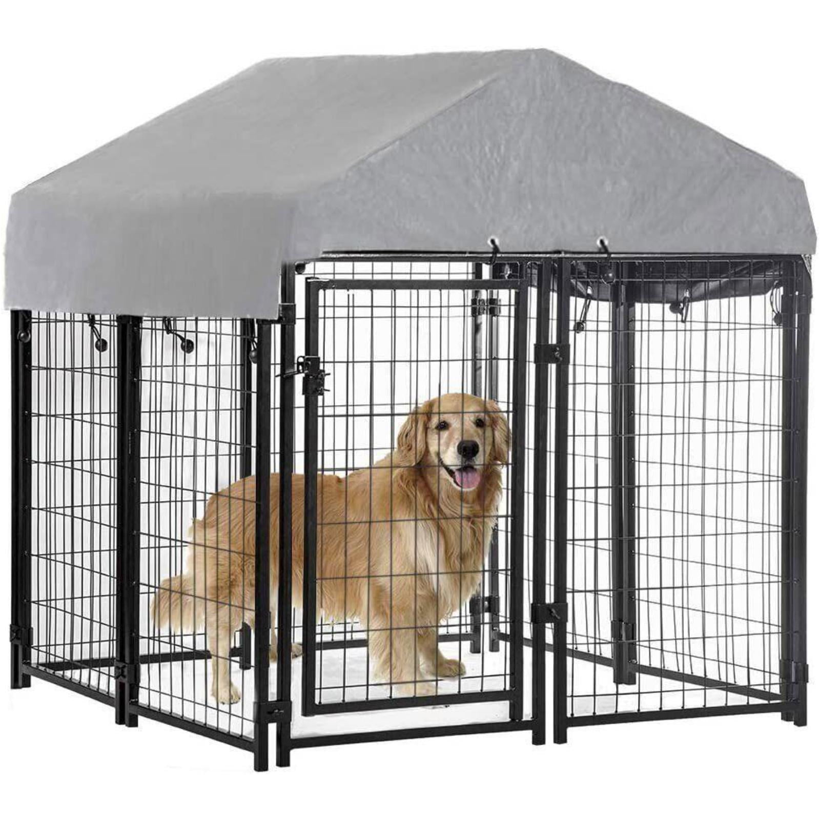 Large Dog Kennel 4'x4'x4.4' Heavy Duty Welded Wire Dog Cage with Water Resistant Cover， Outdoor Dog House with Mesh Sidewallsand Secure Lock for Large Dogs， Black