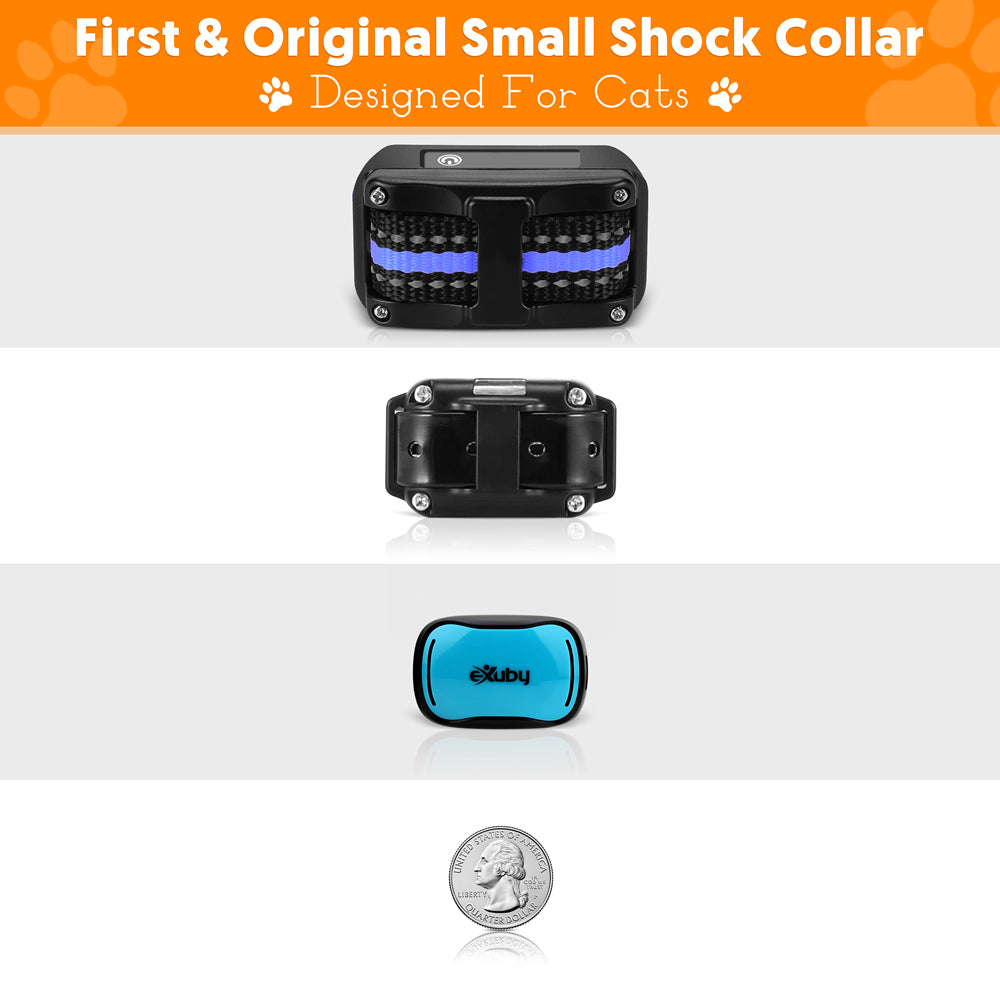 Exuby Small Cat Shock Collar with Remote， Designed for Training Cats， Prevents Unwanted Meowing， Scratching and Roaming， Sound， Vibration and Shock Modes， 9 Intensity Levels – Waterproof