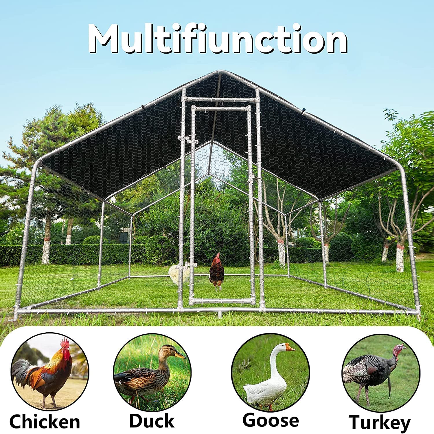 HITTITE 1.26'' Tube Chicken Coop Run Large Metal Chicken Coop， Outdoor Walk in Chicken Coop Cage， Heavy Duty Spire Shaped Chicken Pen Chicken Runs for Yard with Waterproof and Anti-UV Cover