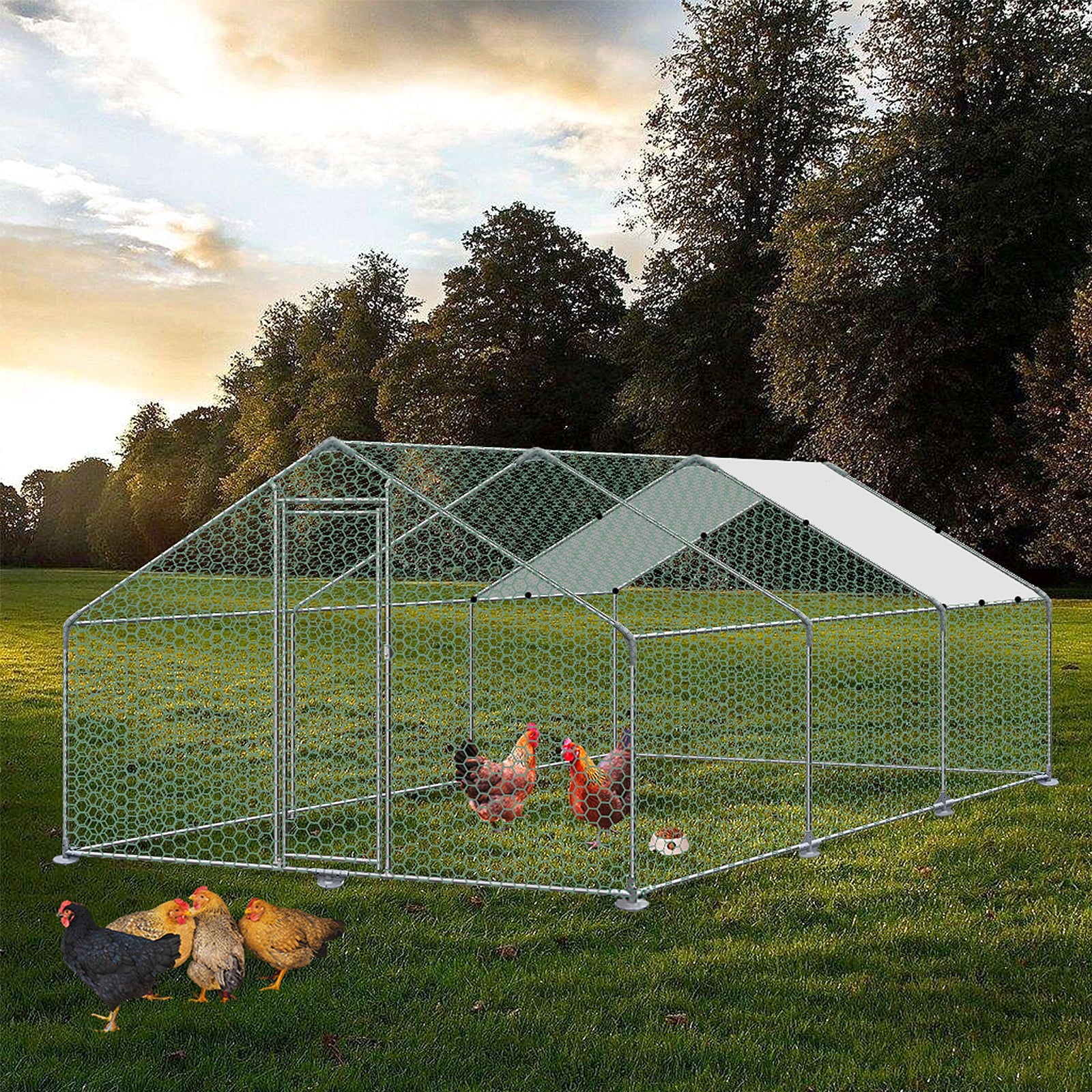 HENGMEI Extra Large Galvanized Chicken Coop， Metal Hen Run Rabbits Habitat Pet Animal House， Spire Shaped Coops 9.8' x 13' x 6.6'