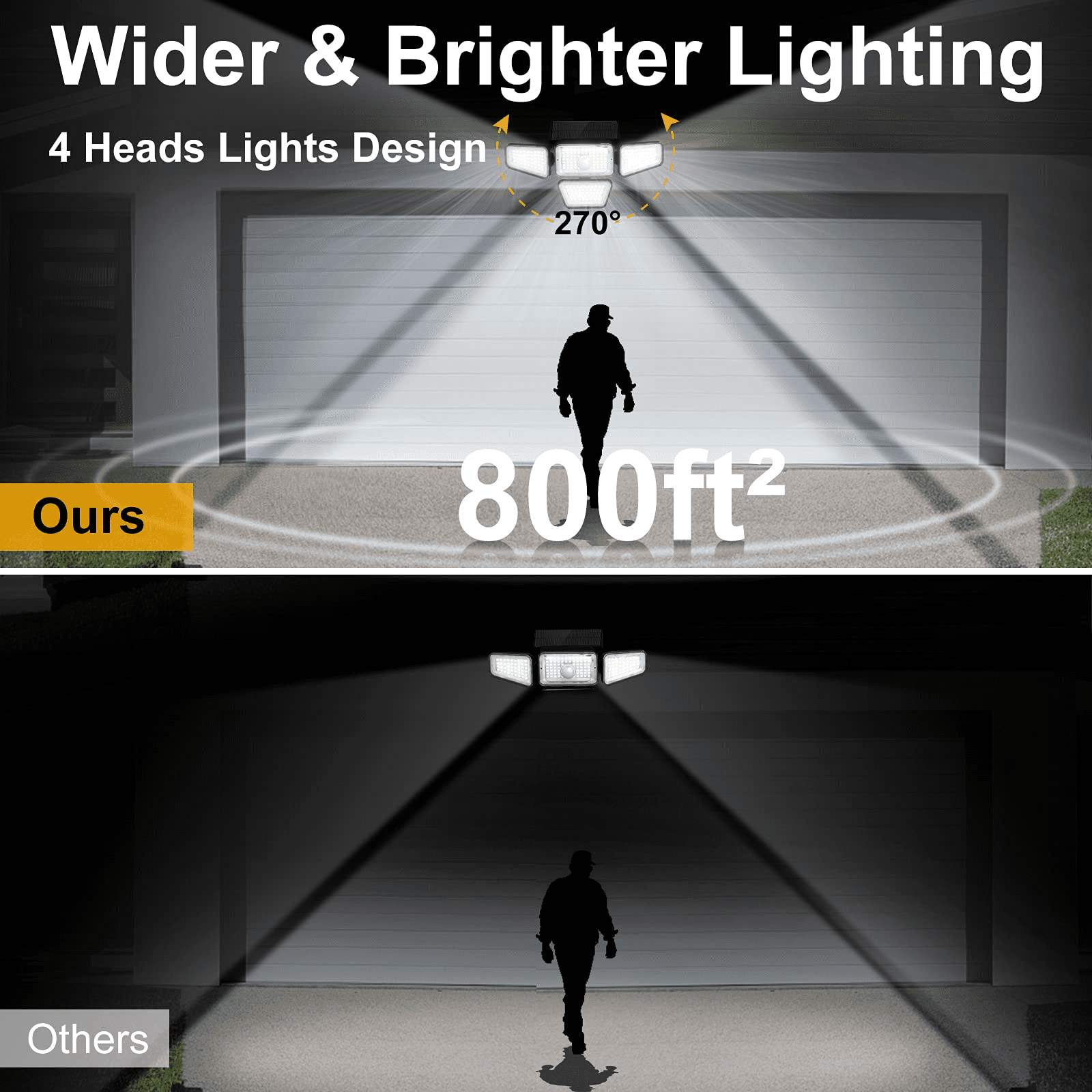 JOPESO Solar Outdoor Lights 270 LED Waterproof Motion Sensor Security Lights Outdoor Wireless Flood Lights 3000LM 4 Heads 3 Modes 330° Wide Angle 6500K for Outdoor Yard Garden Wall