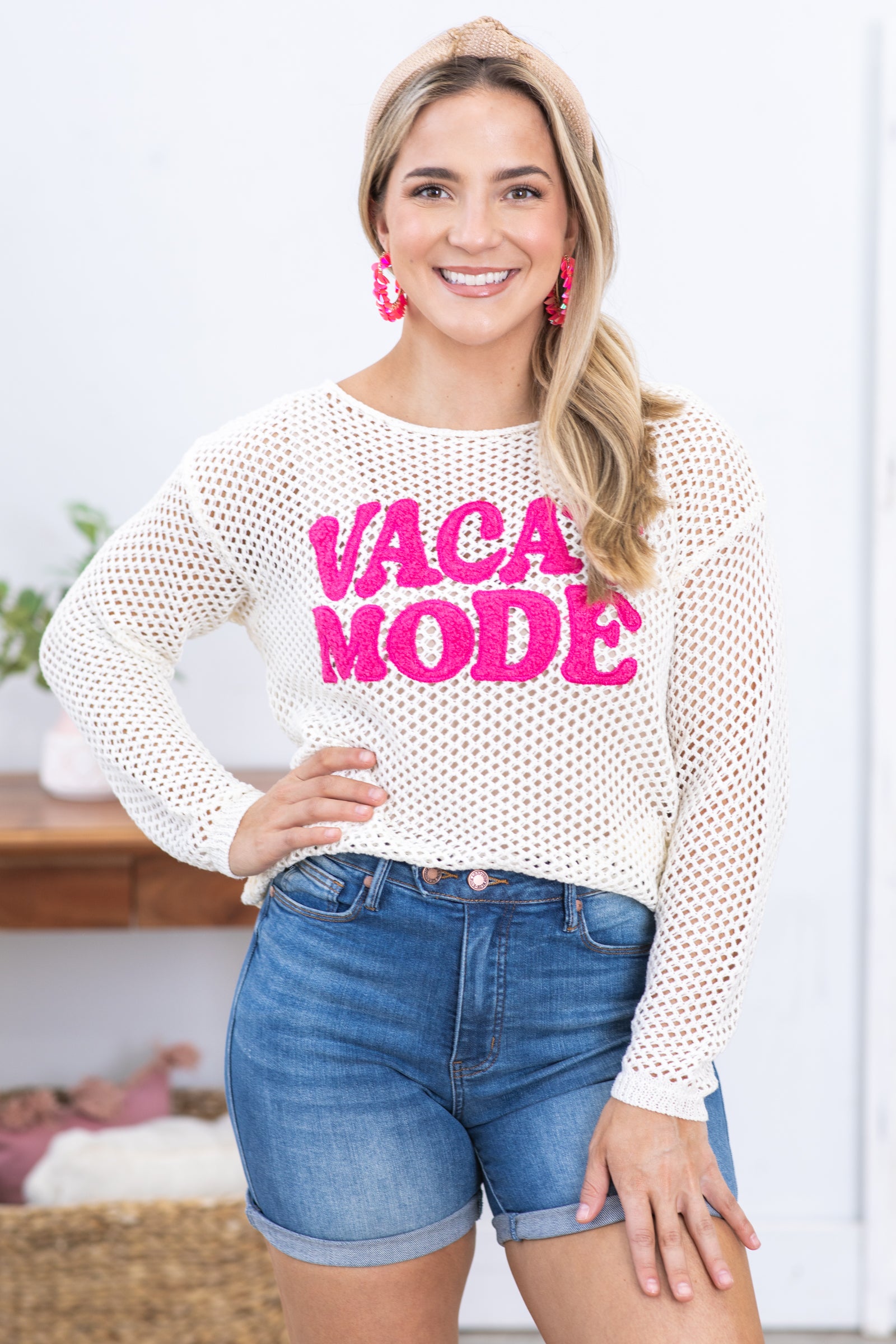 Cream Pointelle Vacay Mode Knit Top