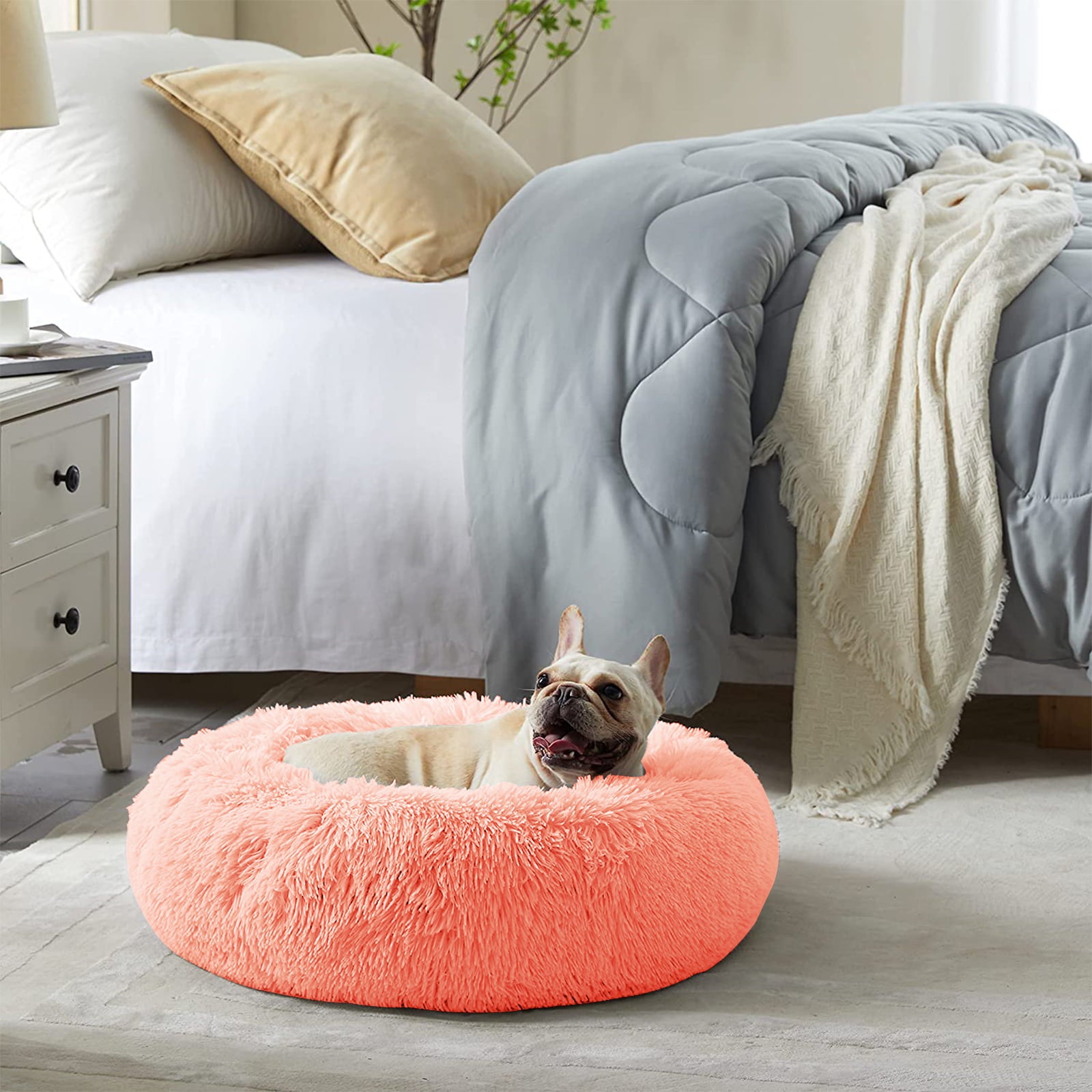 Nisrada Calming Donut Pet Bed for Dogs and Cats， 27 Inch Dog Bed for Large Dogs， Washable-Round Pet Bed for Puppy and Kitten