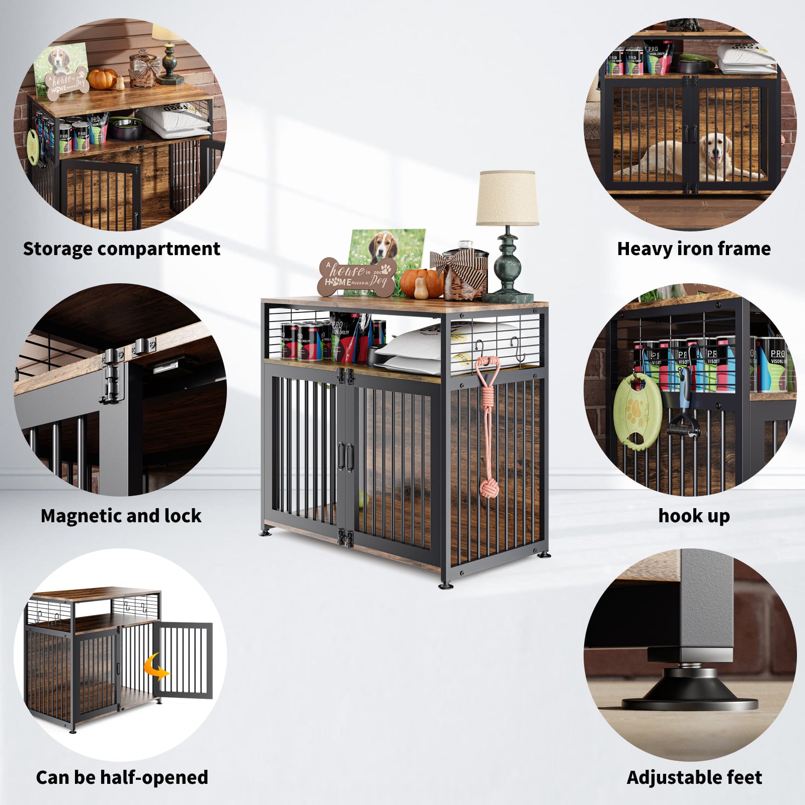 ABORON Wooden Large Dog Crate Furniture， 33/41 InchHeavy Duty Dog Cages for Medium/ Small Dogs Indoor， Super Sturdy Dog Kennel with Storage