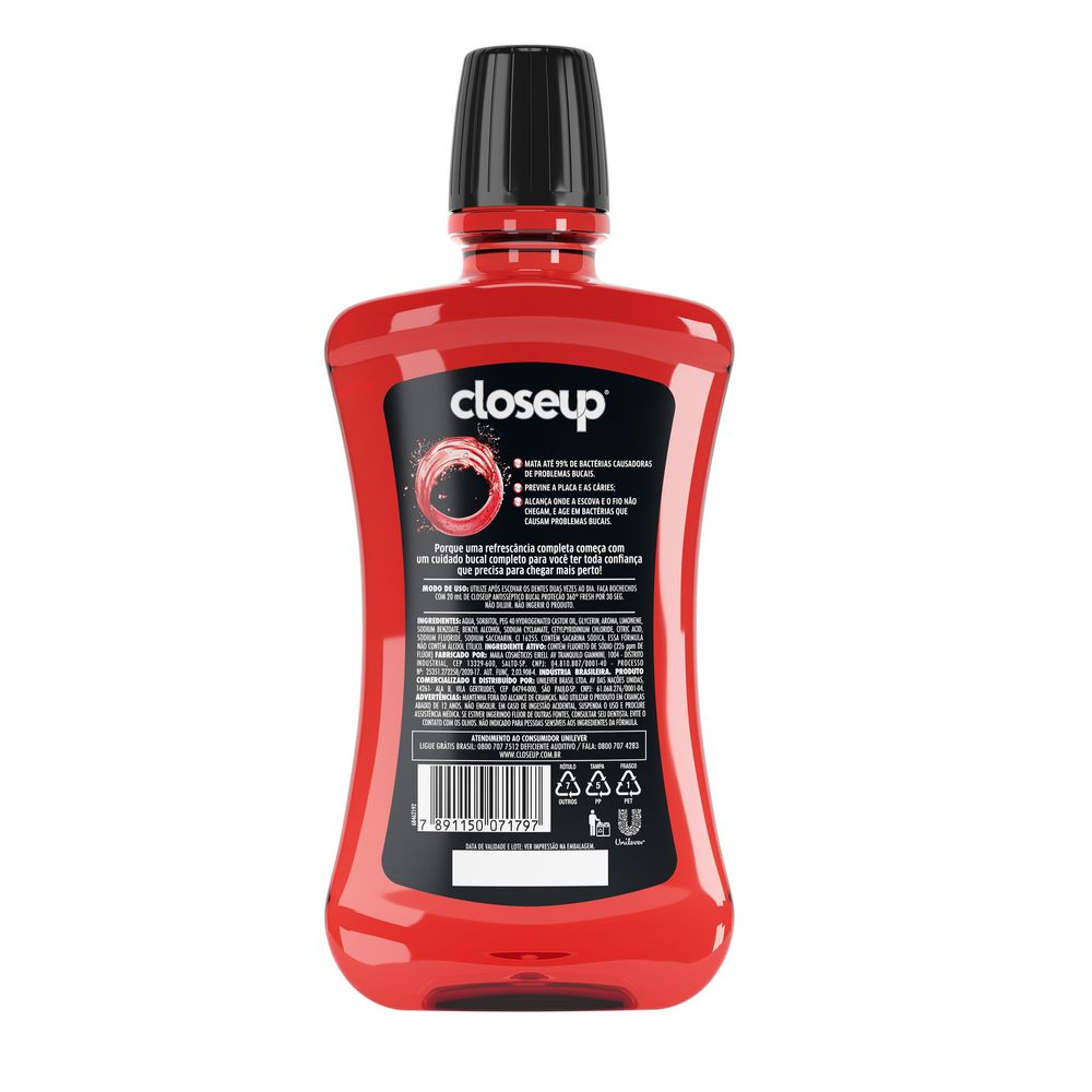 Enxaguante Bucal Zero Alcool Red Hot Closeup Protecao 360° Fresh Frasco Leve 500ml Pague 350ml