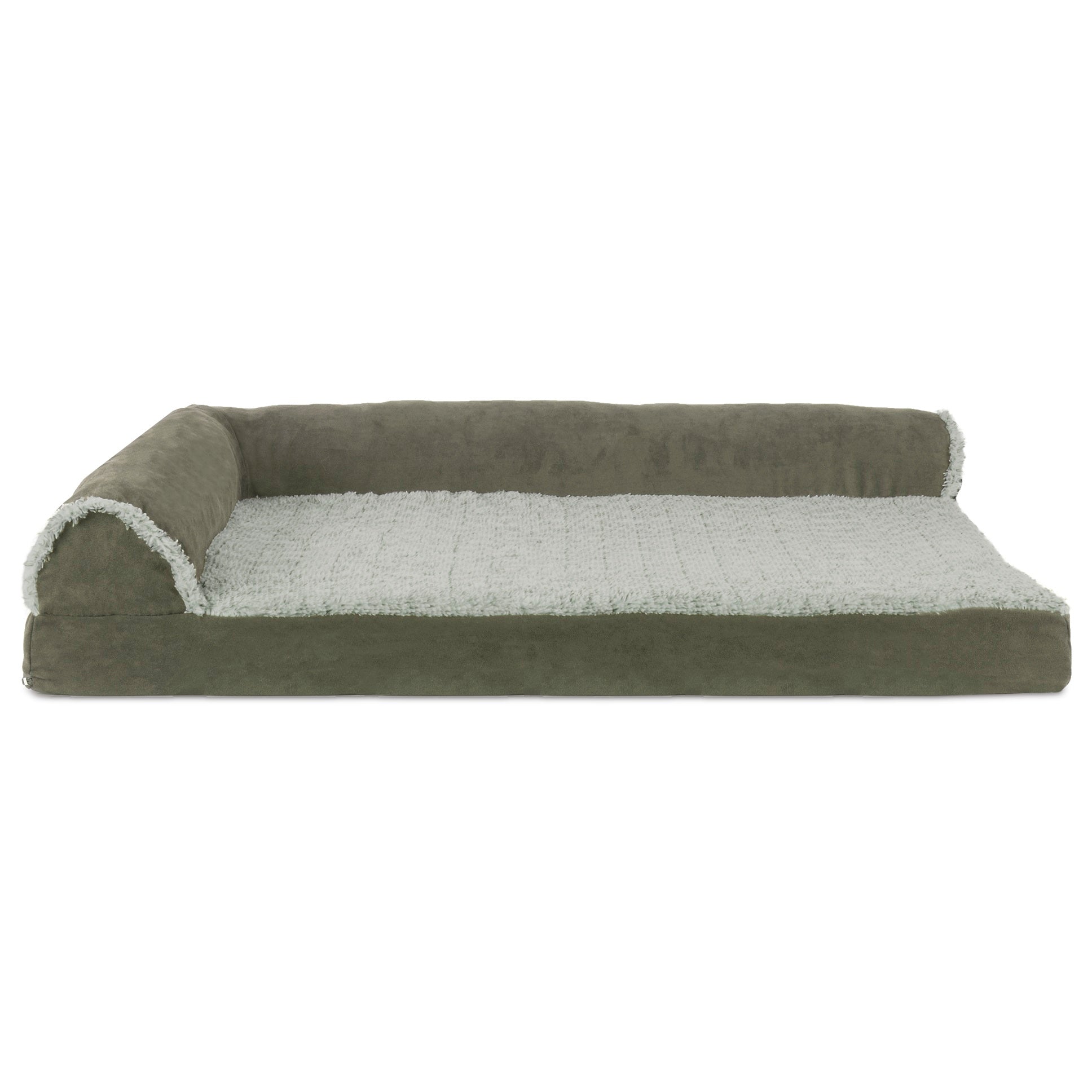 FurHaven Pet Products | Deluxe Memory Foam Chaise Faux Fur and Suede L-Shaped Lounge Sofa Pet Bed for Dogs and Cats - Dark Sage， Large