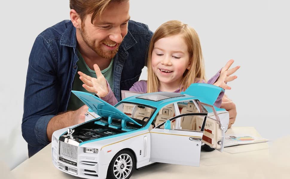Cocobaby Upgrade Version -Exquisite car Model 1/24 Rolls-Royce Phantom Model Car，Zinc Alloy Pull Back Toy car with Sound and Light for Kids Boy Girl Gift. (Blue-White)