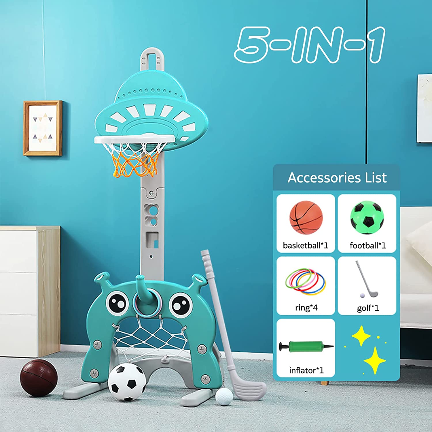 Ealing 4-in-1 Toddler Basketball Hoop Indoor and Outdoor Sports Activity Center for Basketball Hoop Football/Soccer Goal Golf Game Ring Toss Play Set Best Gift for Toddlers and Kids