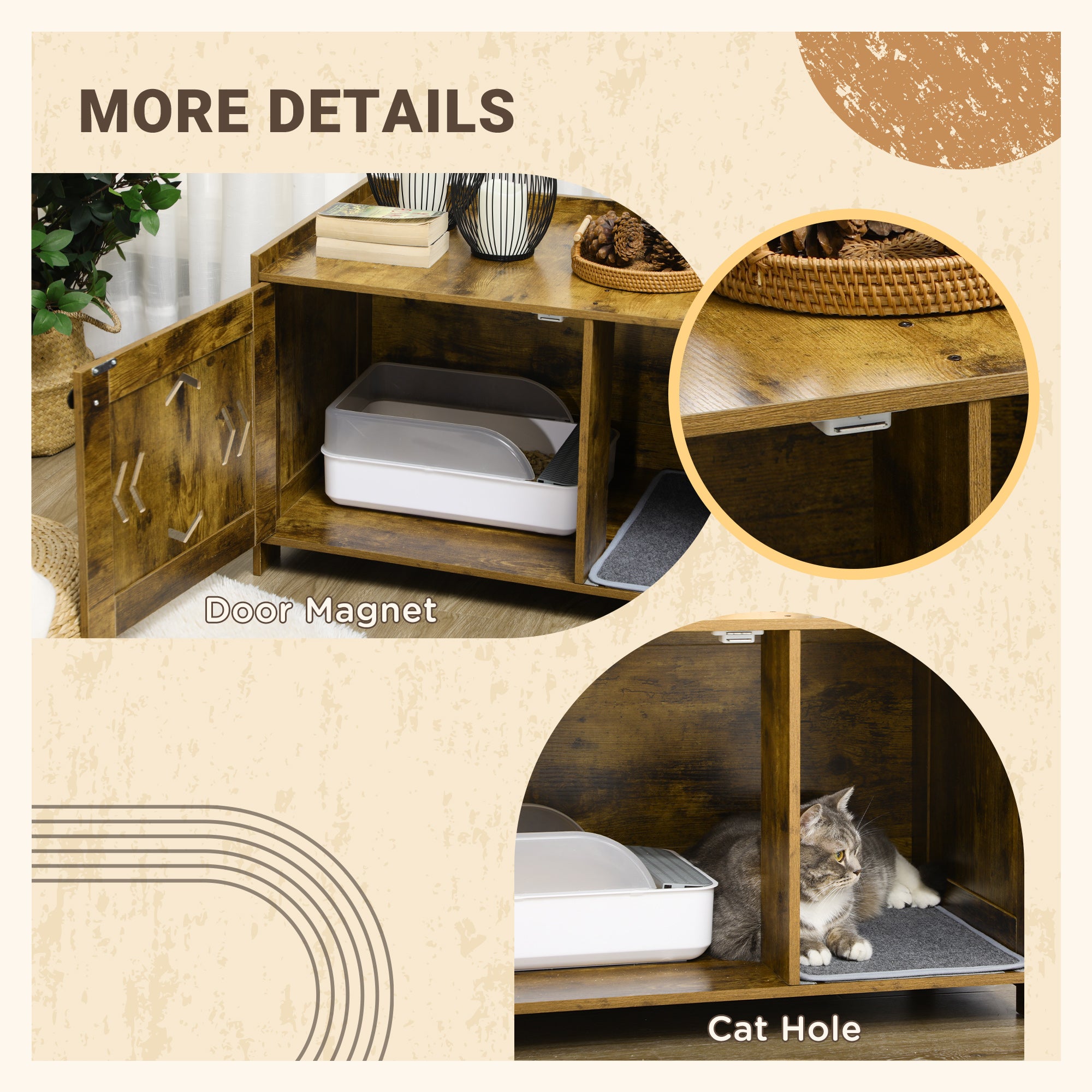 PawHut Hidden Kitty Litter Box Enclosure， Industrial Cat Litter Box Furniture with Door and Scratching Pad， Cat Washroom Storage Bench for Living Room， Bedroom， Hallway， Rustic Brown