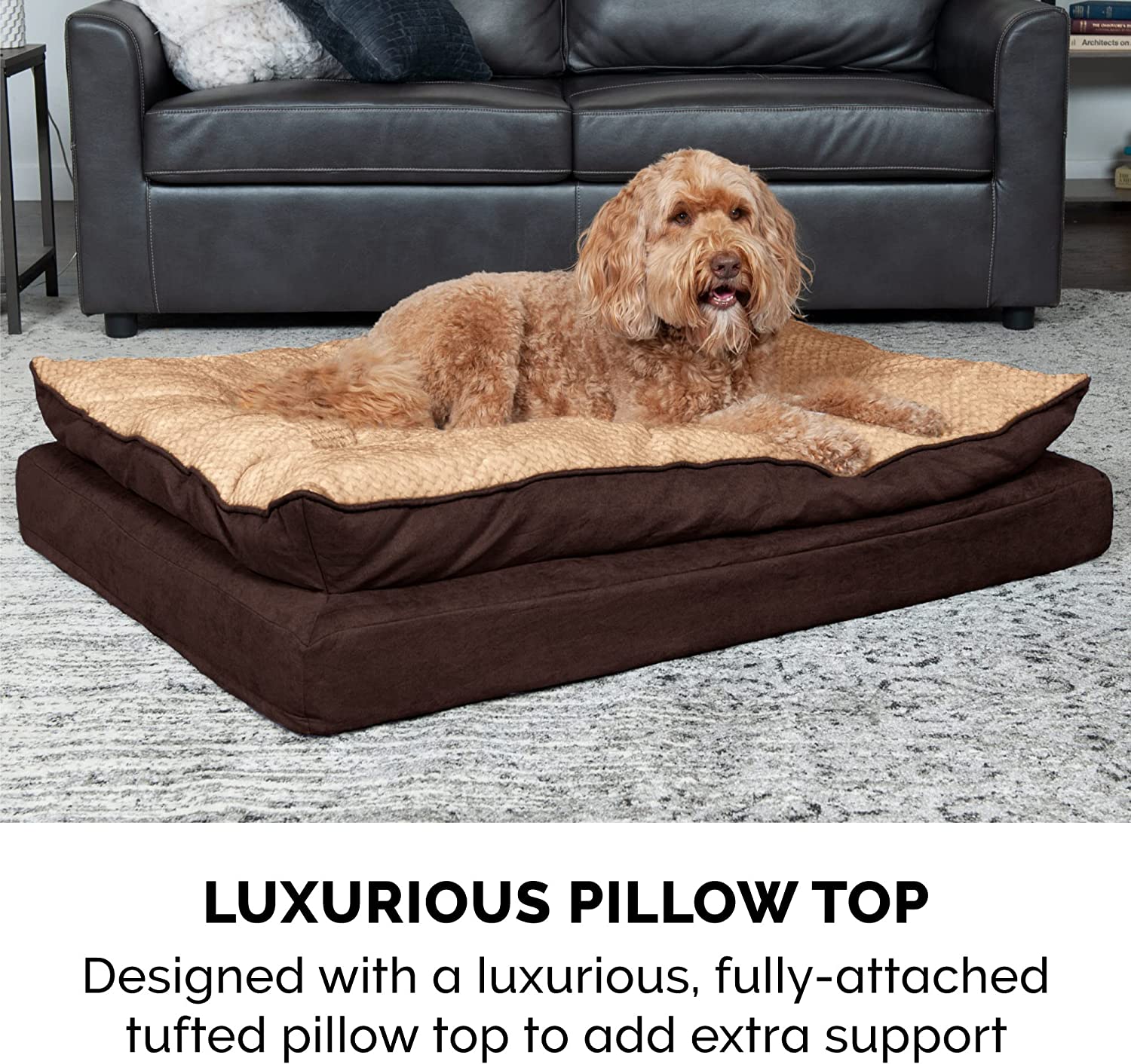 Furhaven XL Orthopedic Dog Bed Minky Plush and Suede Pillow Top Mattress w/ Removable Washable Cover - French Roast， Jumbo (X-Large) Pillow Top - Minky Plush and Suede (French Roast) Jumbo Orthopedic Foam