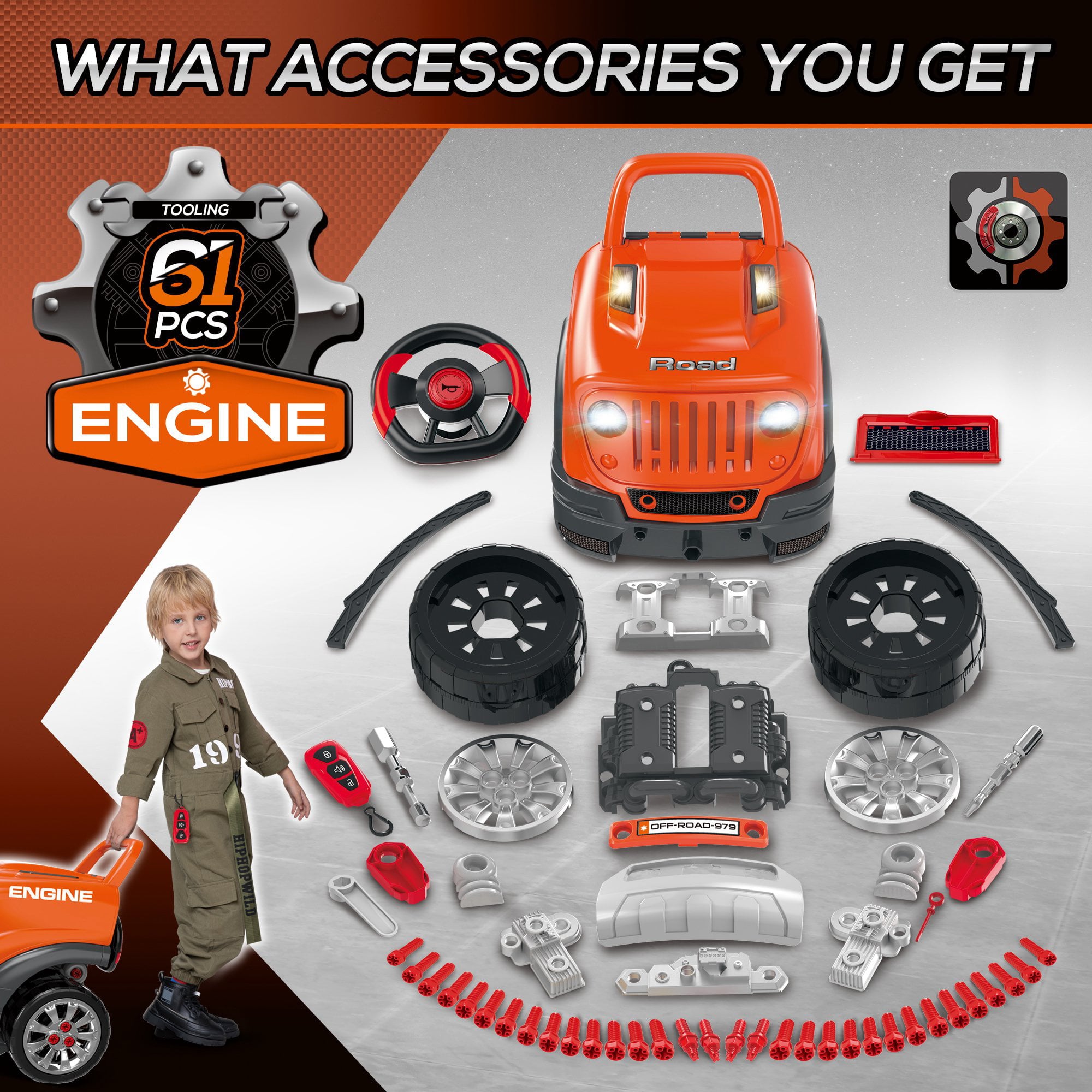 Qaba Truck Engine Maintenance Playset for Kids 61pc Service Station Toy， Orange