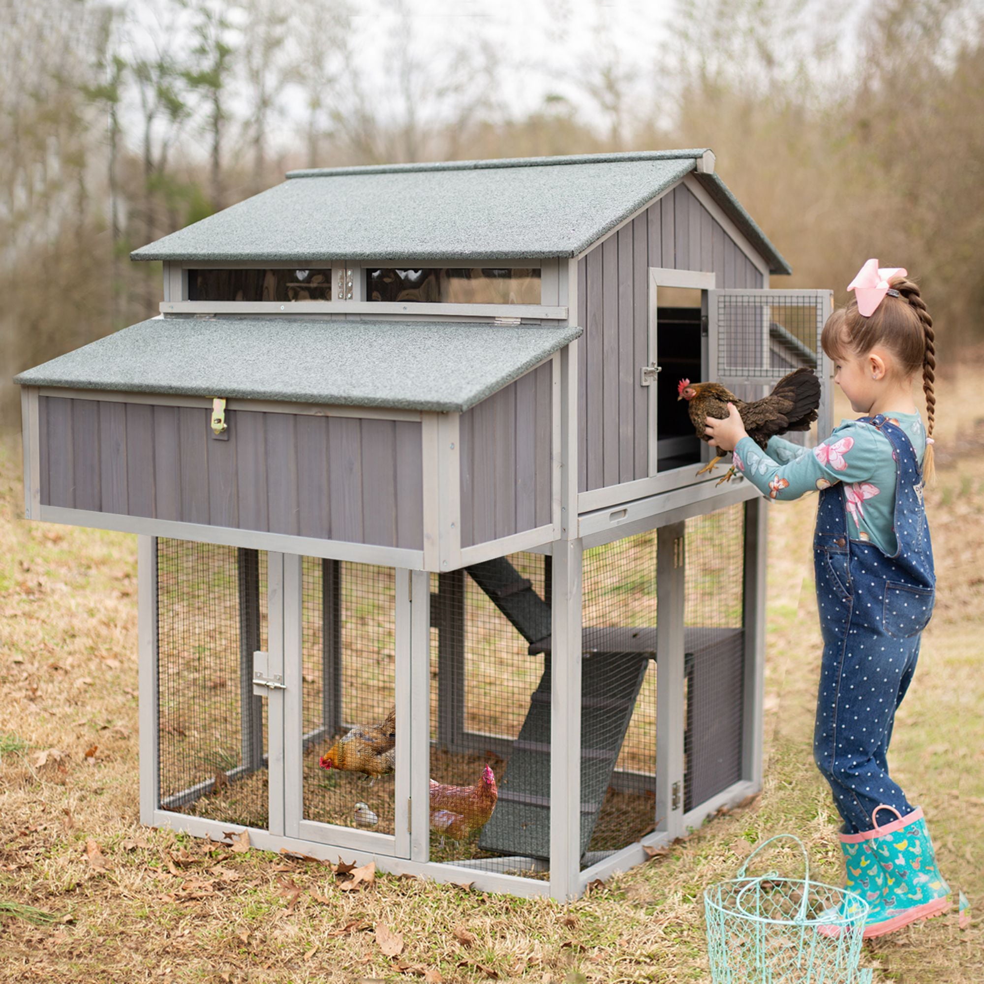 Morgete Foldable Chicken Coop with Two Nest Box， 69.8'' Wooden Hen House for 4 6 Chickens