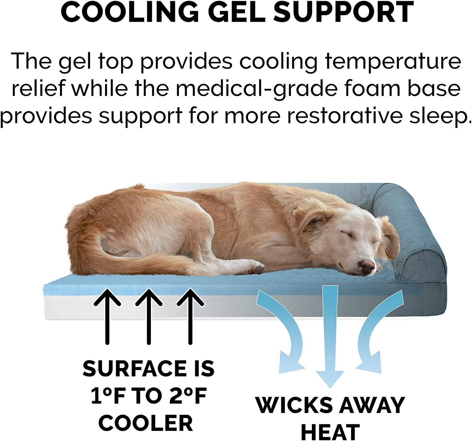 Furhaven XL Cooling Gel Foam Dog Bed Pinsonic Quilted Paw L Shaped Chaise w/ Removable Washable Cover - Bluestone， Jumbo (X-Large) Cooling Gel Foam Jumbo L Chaise - Quilted Paw (Bluestone)