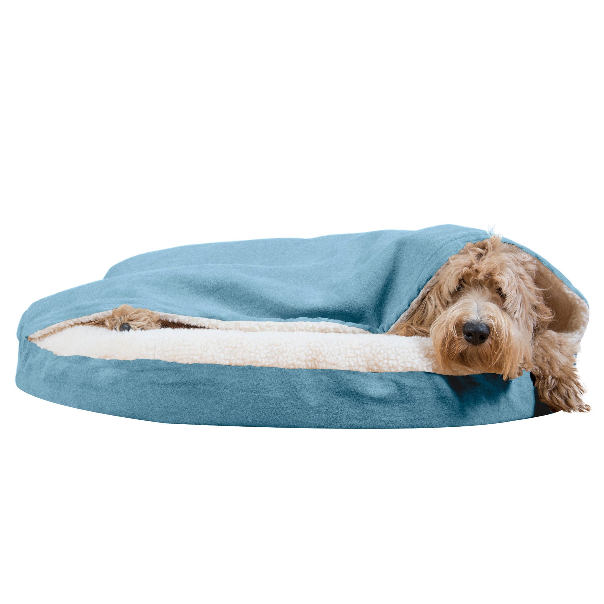 FurHaven Pet Products Orthopedic Faux Sheepskin Snuggery Burrow Pet Bed for Dogs and Cats， Blue， 35