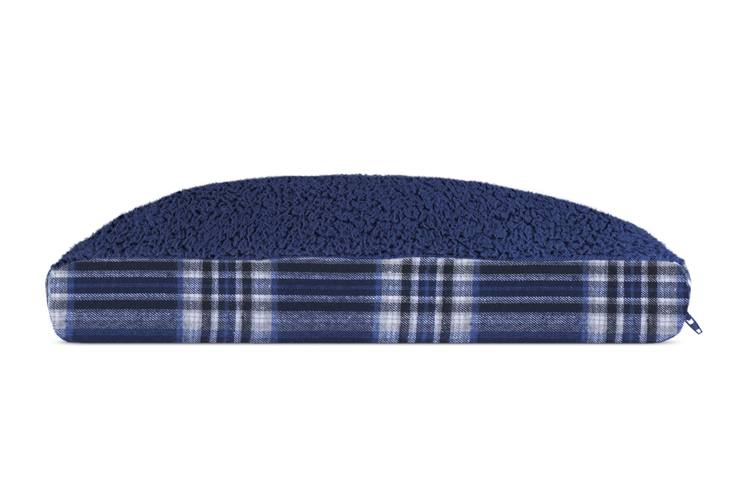 FurHaven | Deluxe Faux Sheepskin and Plaid Pillow Pet Bed for Dogs and Cats， Midnight Blue， Small