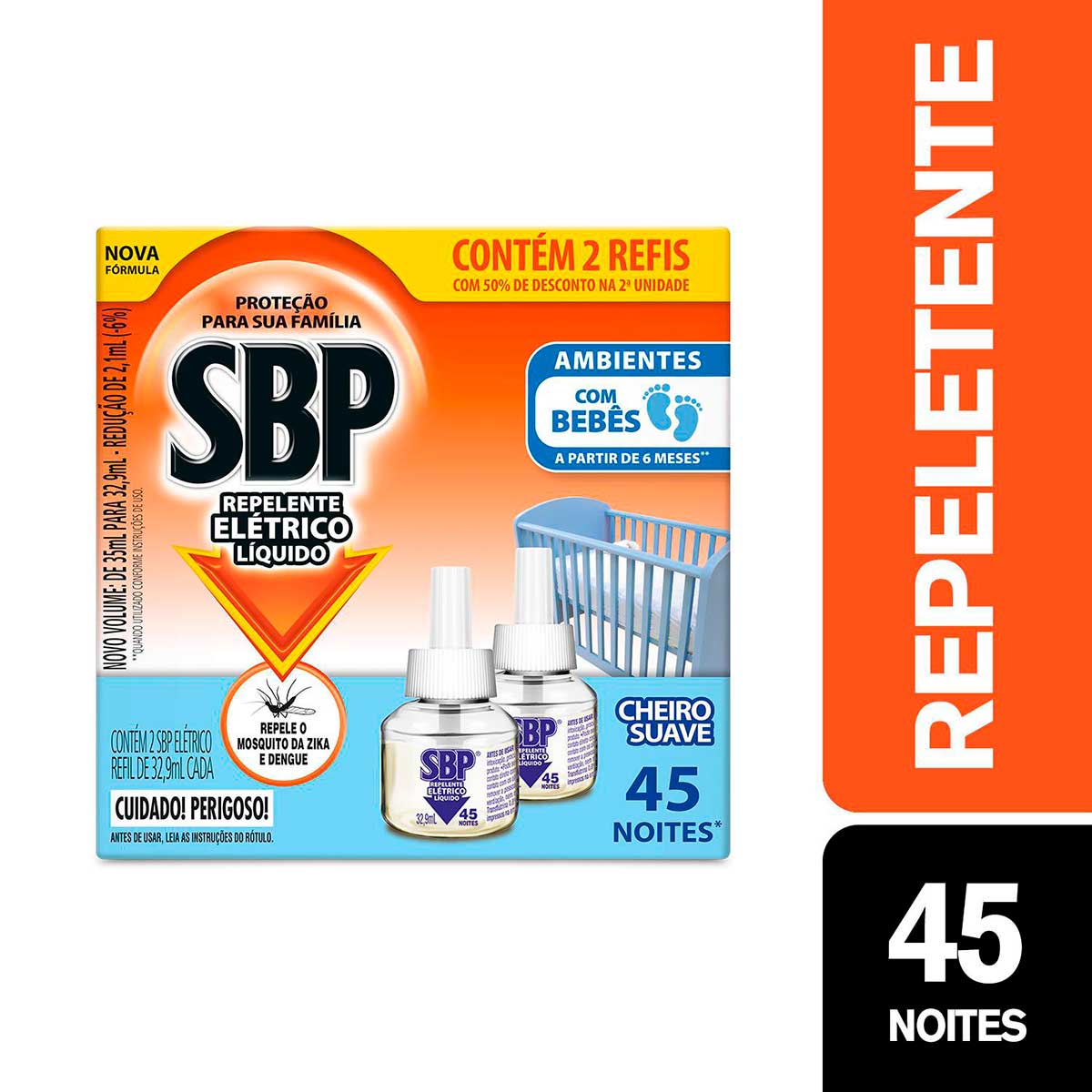 Repelente Eletrico Liquido SBP 45 Noites Cheiro Suave com 2 unidades de 32,9ml