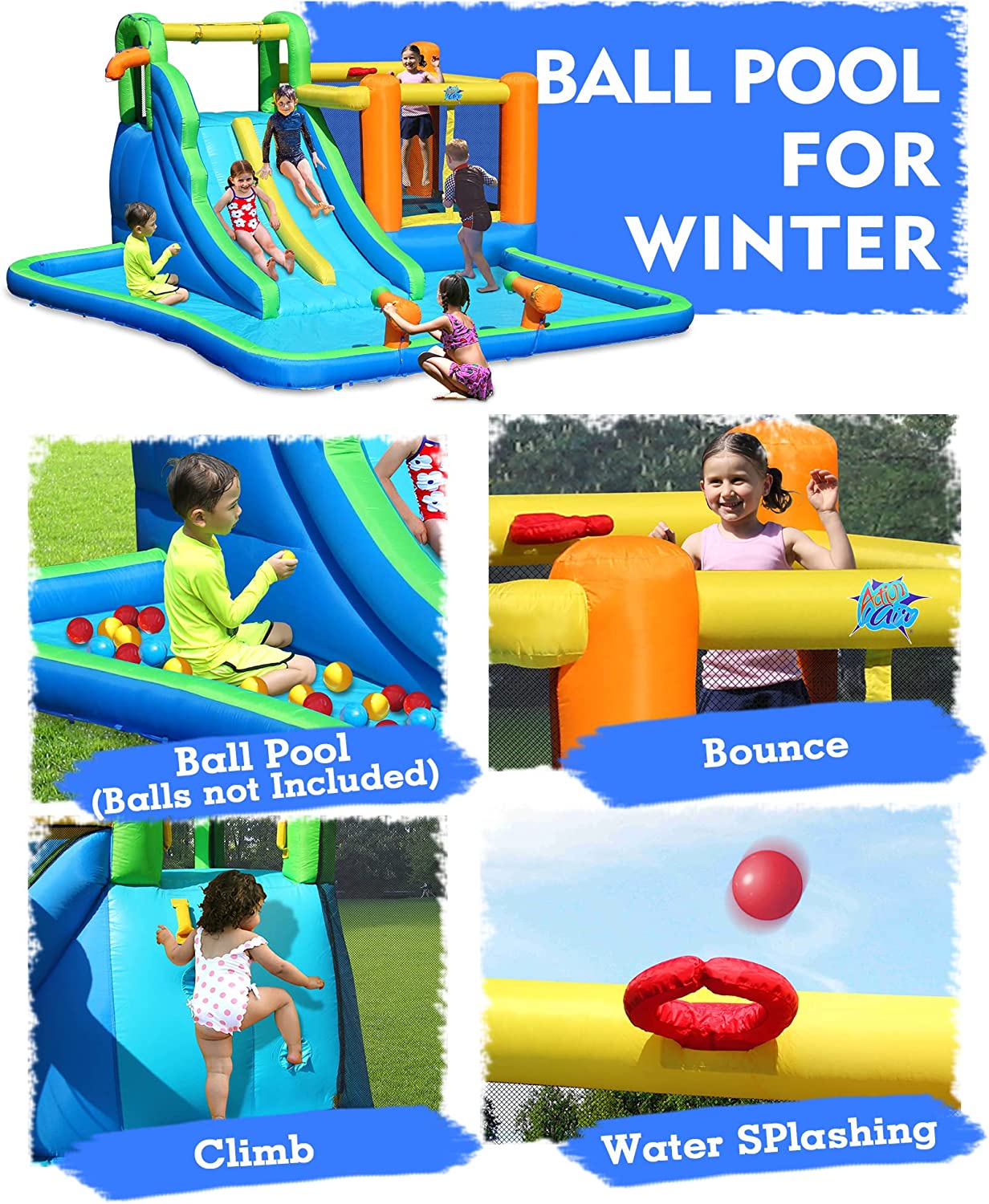 Action Air Bounce House or Water Slide， 7-in-1 Inflatable Bouncer Combo with Large Pool， Fun Bounceing Area with Basketball Hoop， Long Double Slide with 2 Water Sprays， Air Blower Included